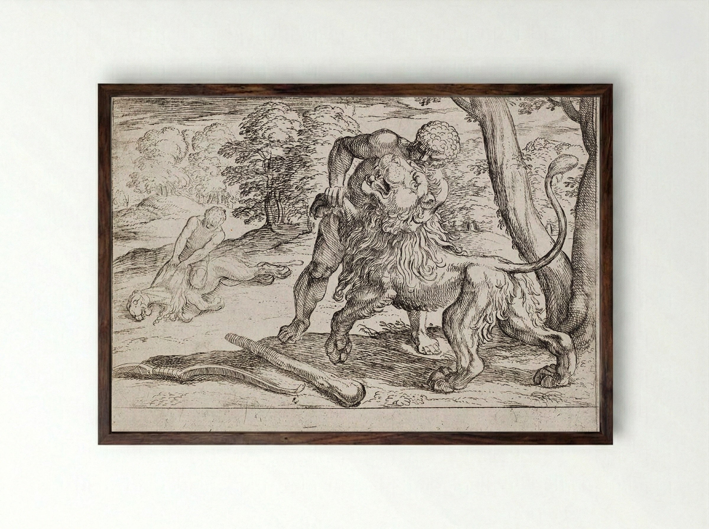 Hercules and the Nemean Lion - Antonio Tempesta - Framed Print Dark Wood