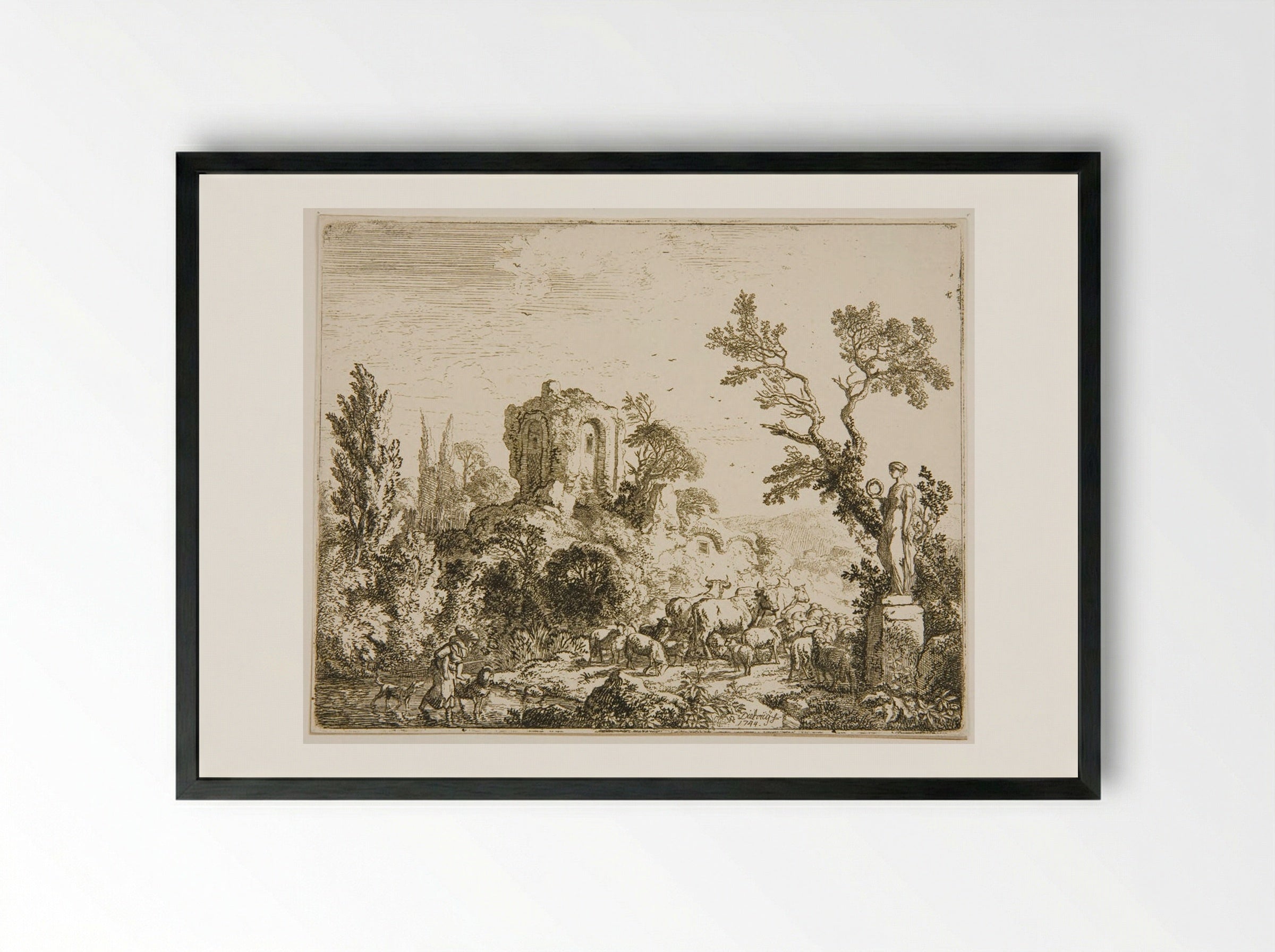 Herd by Statue of Flora - Christian Wilhelm Ernst Dietrich - Framed Print Black