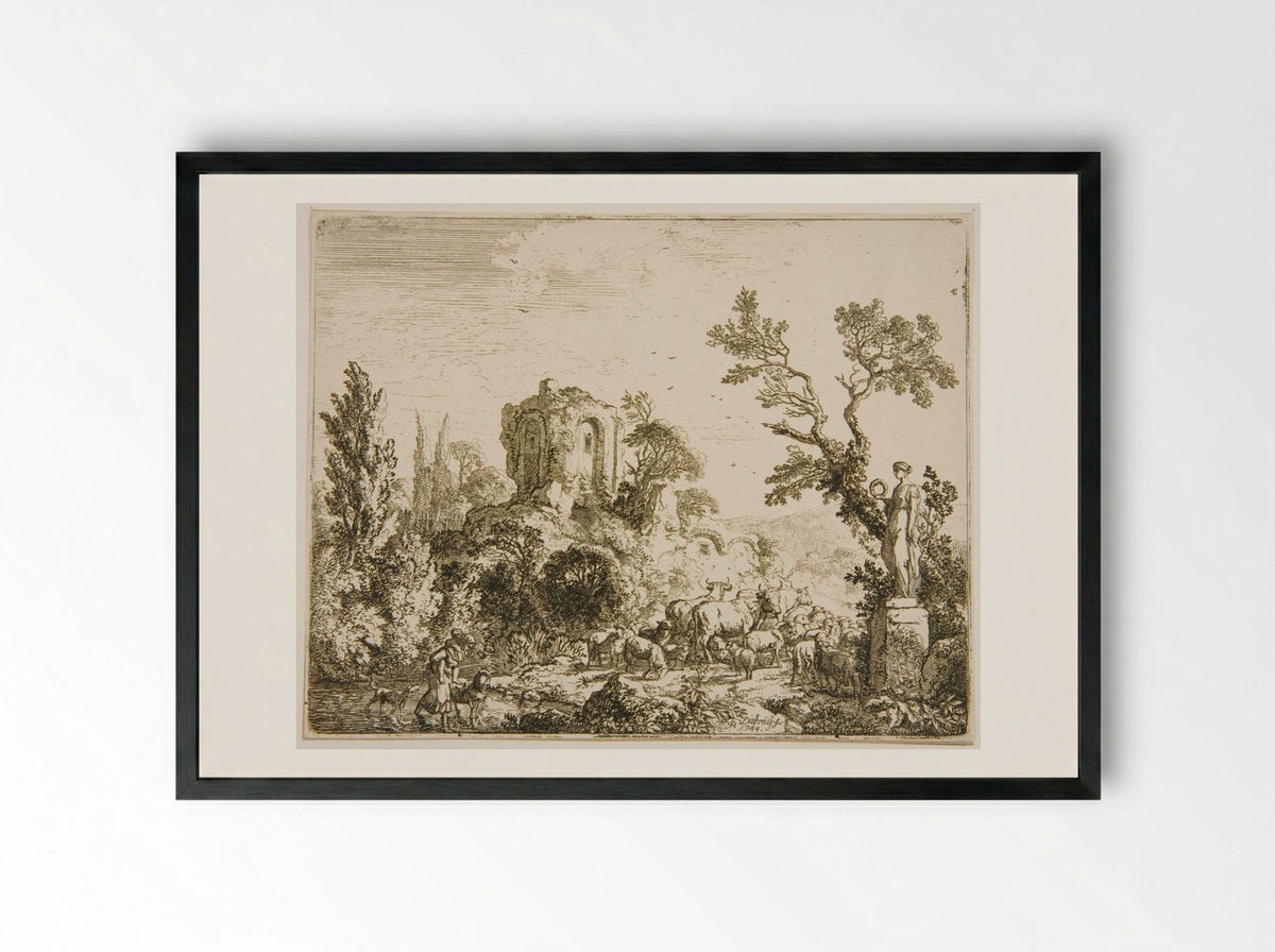 Herd by Statue of Flora - Christian Wilhelm Ernst Dietrich - Framed Print Black