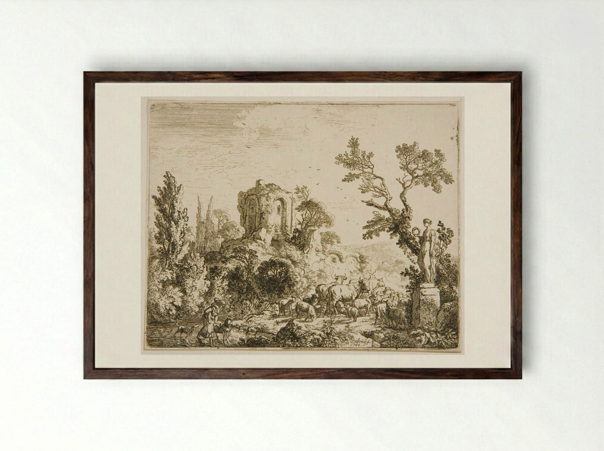 Herd by Statue of Flora - Christian Wilhelm Ernst Dietrich - Framed Print Dark Wood