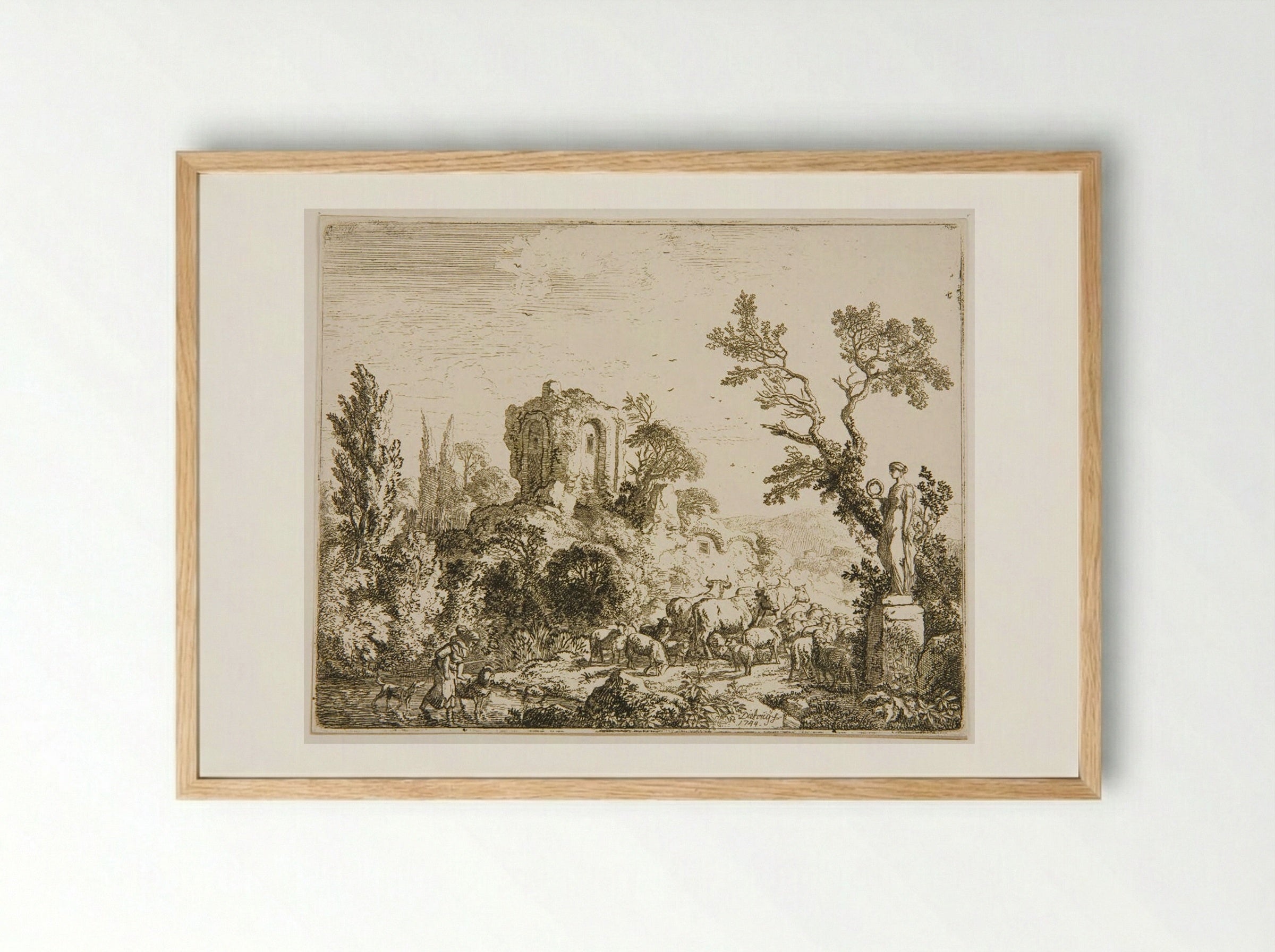 Herd by Statue of Flora - Christian Wilhelm Ernst Dietrich - Framed Print Wood
