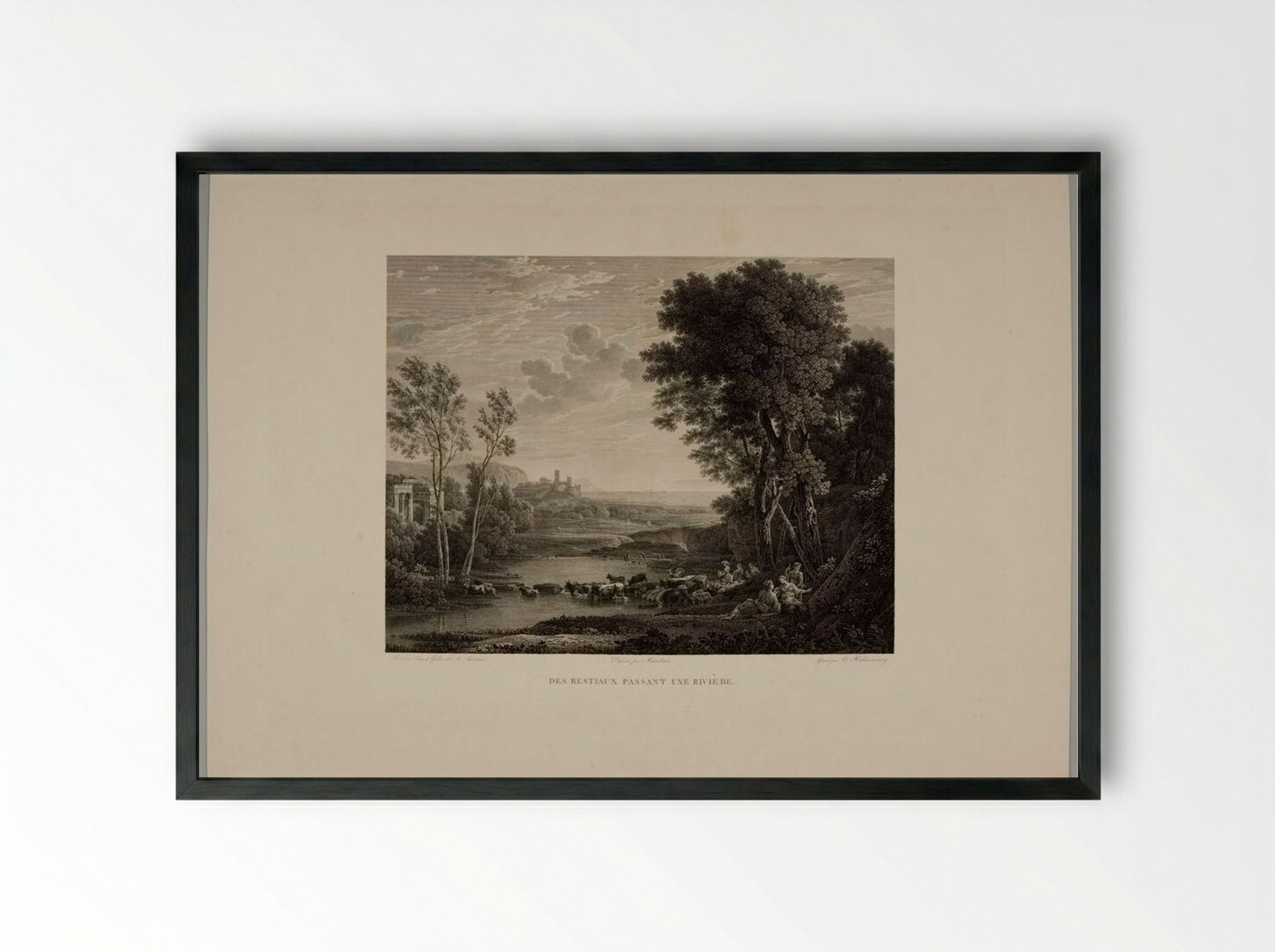 Herd of Cattle Fording a River - Christian Haldenwang - Framed Print Black