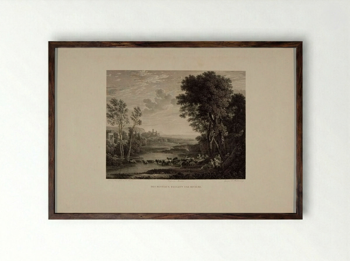 Herd of Cattle Fording a River - Christian Haldenwang - Framed Print Dark Wood