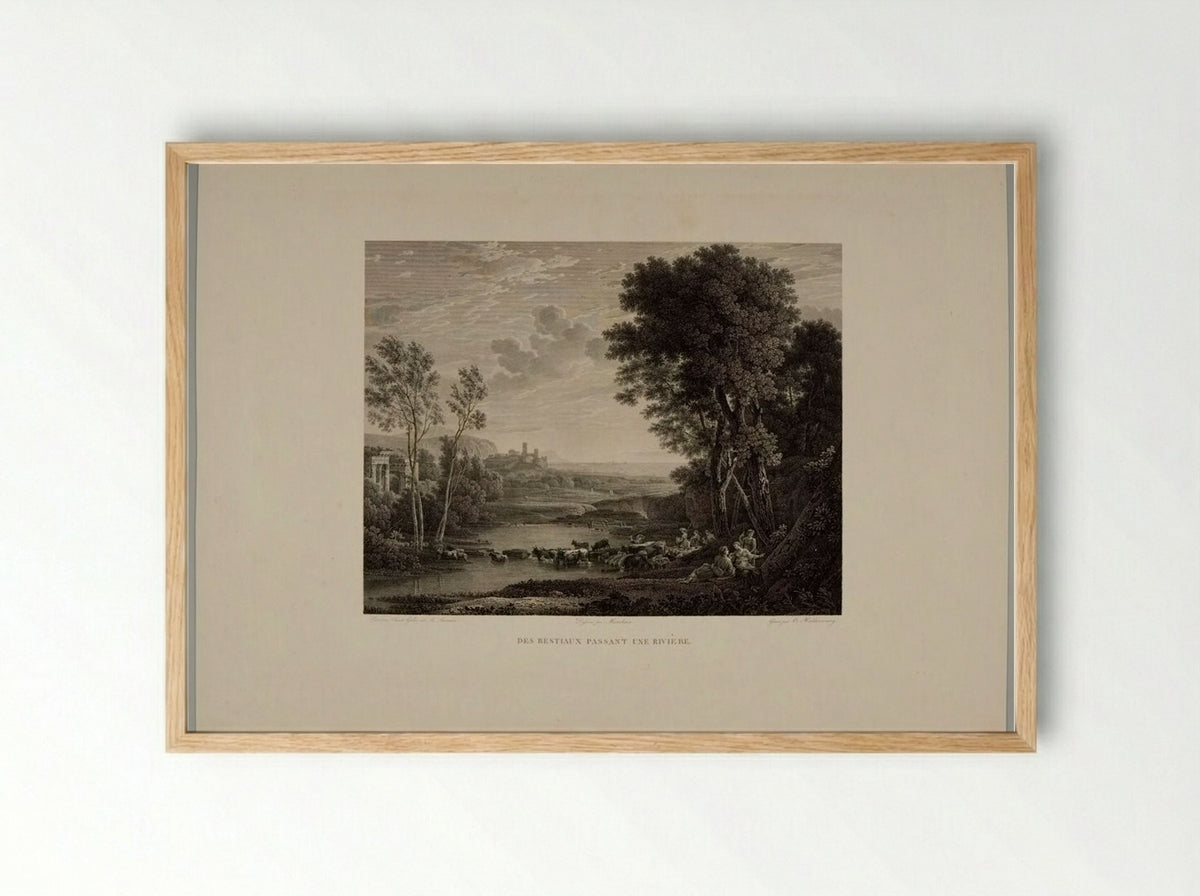 Herd of Cattle Fording a River - Christian Haldenwang - Framed Print Wood