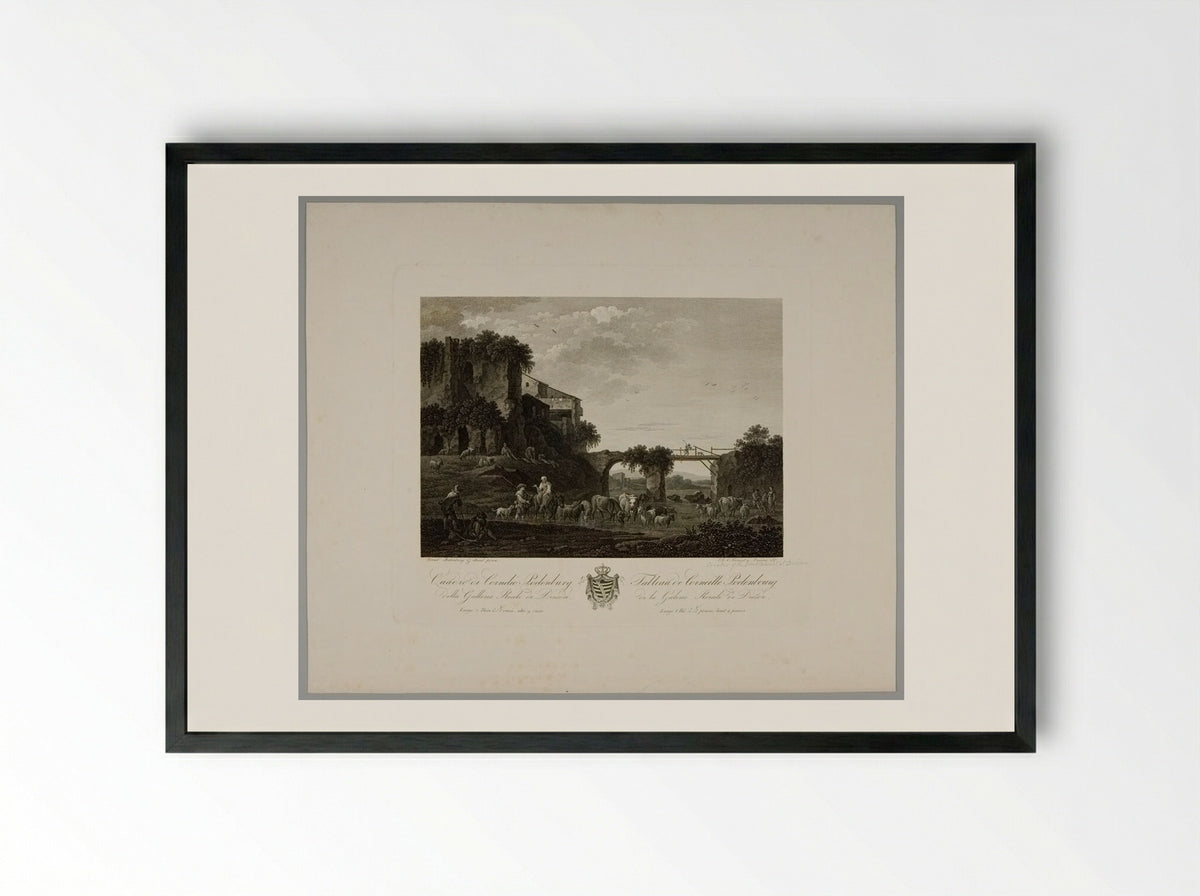 Herd of Cattle in a Stream - Johann Gottlieb Abraham Frenzel - Framed Print Black