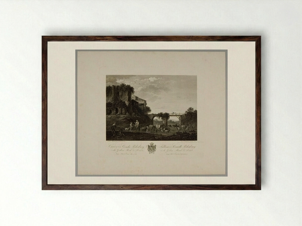 Herd of Cattle in a Stream - Johann Gottlieb Abraham Frenzel - Framed Print Dark Wood