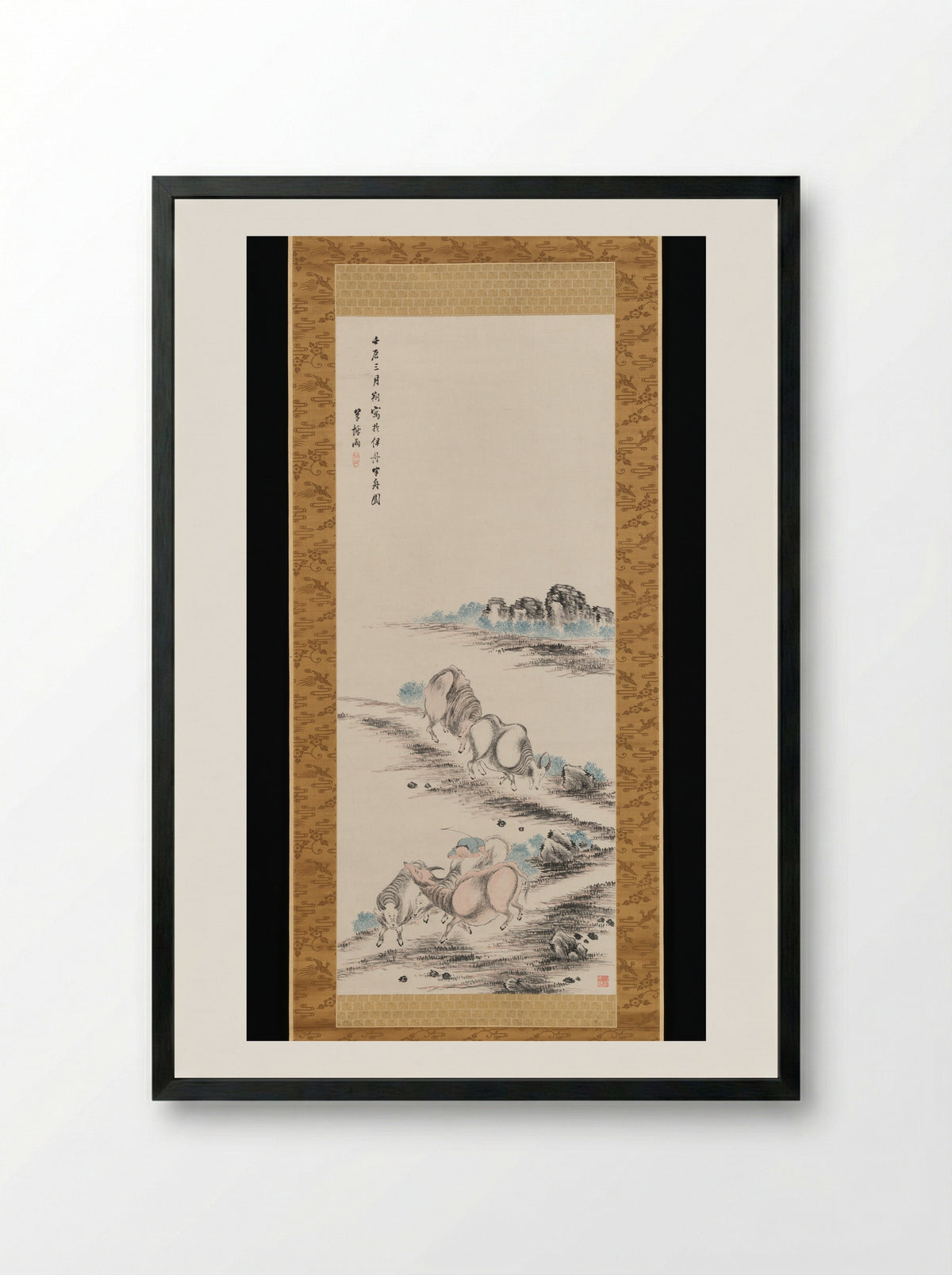 Herdboy and Water Buffaloes Returning Home - Takahashi Sōhei - Framed Print Black