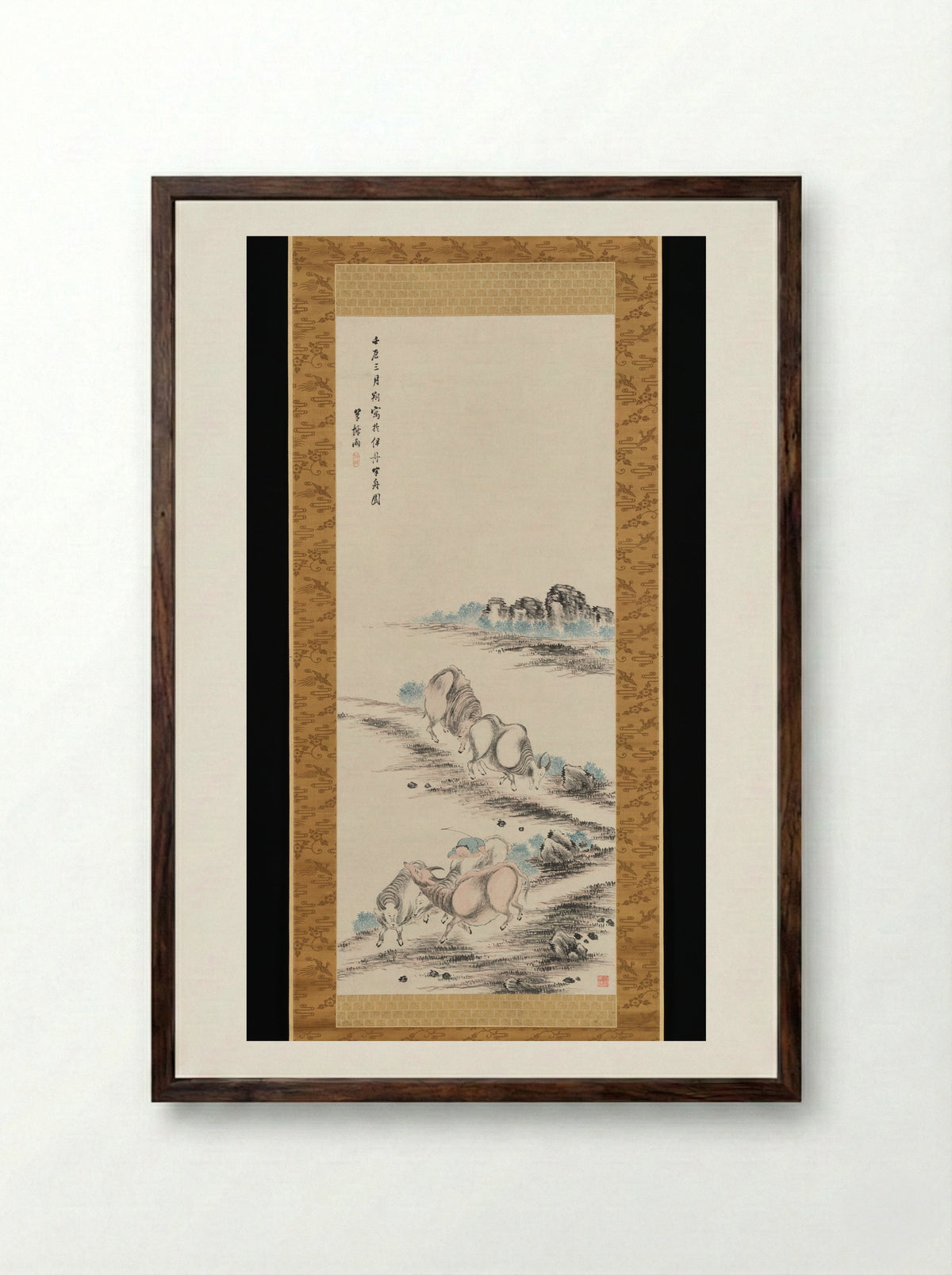 Herdboy and Water Buffaloes Returning Home - Takahashi Sōhei - Framed Print Dark Wood