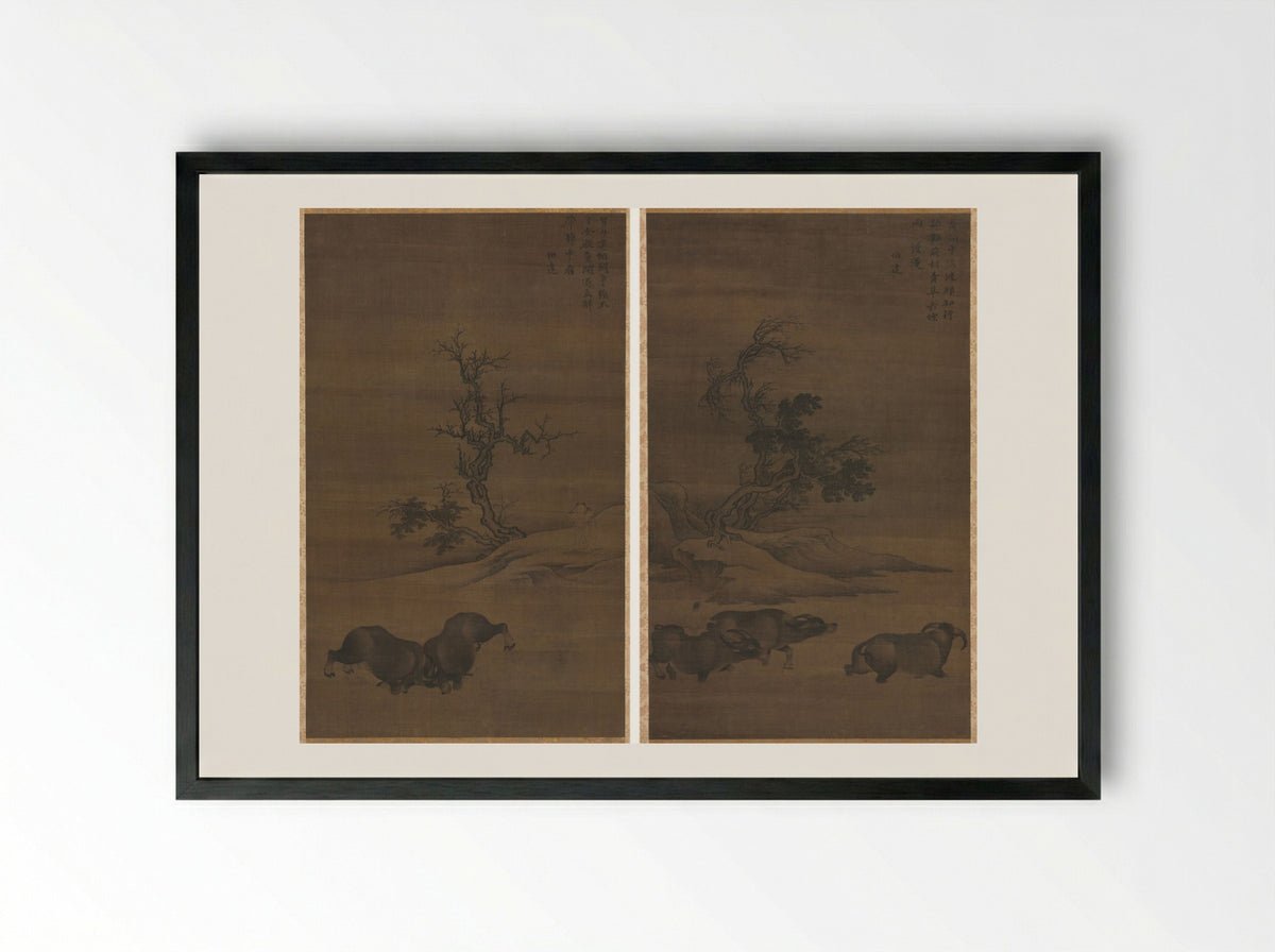 Herdboys and Buffalo in Landscapes - Guo Min - Framed Print Black
