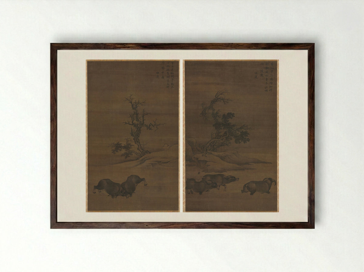 Herdboys and Buffalo in Landscapes - Guo Min - Framed Print Dark Wood