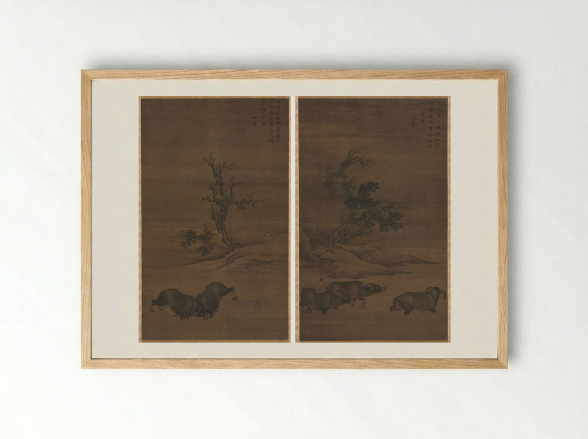 Herdboys and Buffalo in Landscapes - Guo Min - Framed Print Wood
