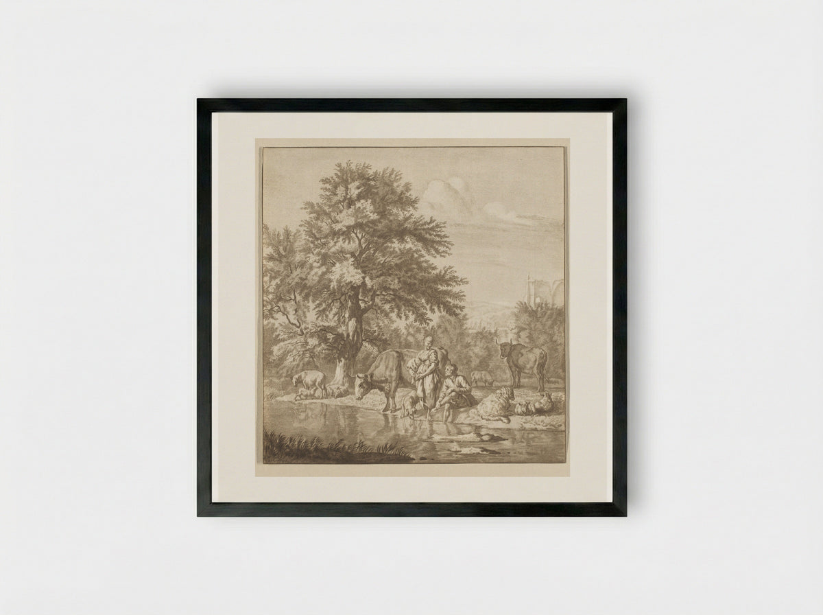 Herder en herderin met kudde bij een rivier - Cornelis Ploos van Amstel - Framed Print Black