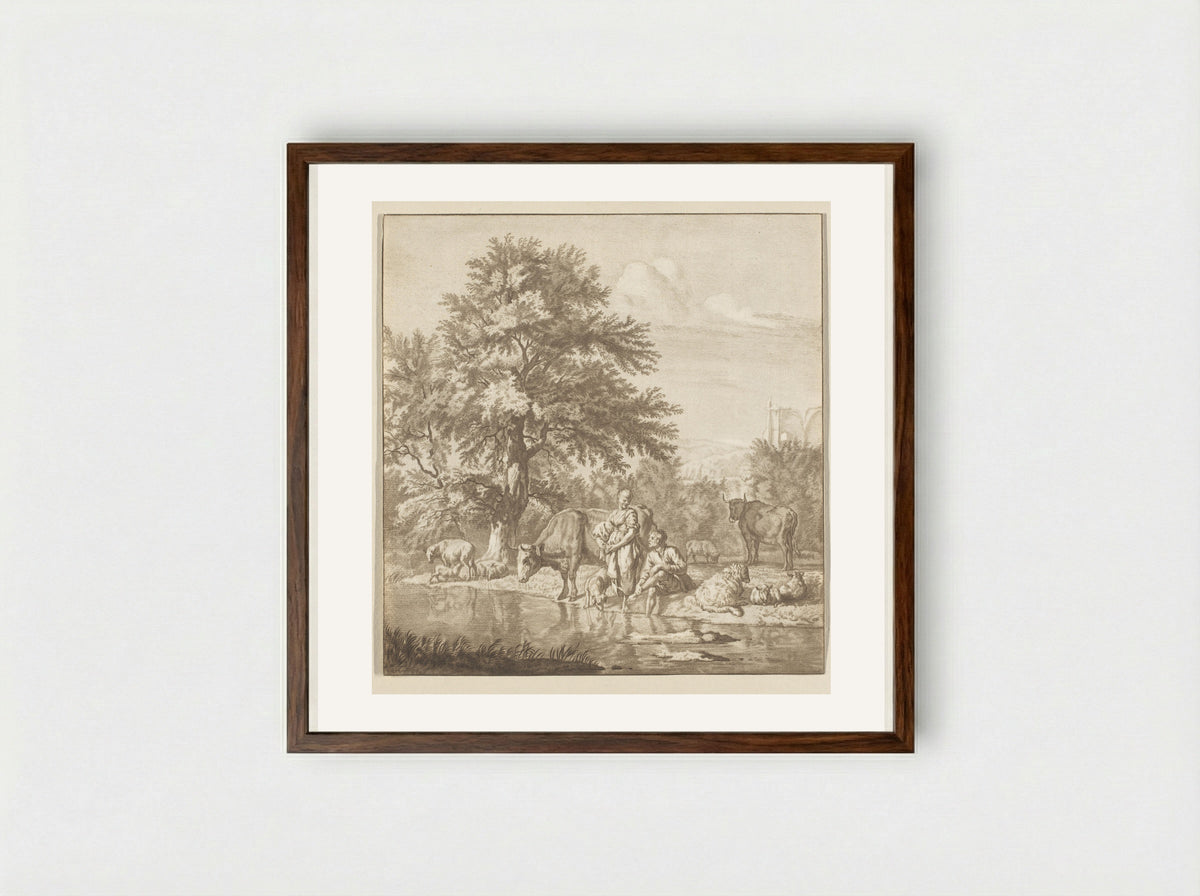 Herder en herderin met kudde bij een rivier - Cornelis Ploos van Amstel - Framed Print Dark Wood