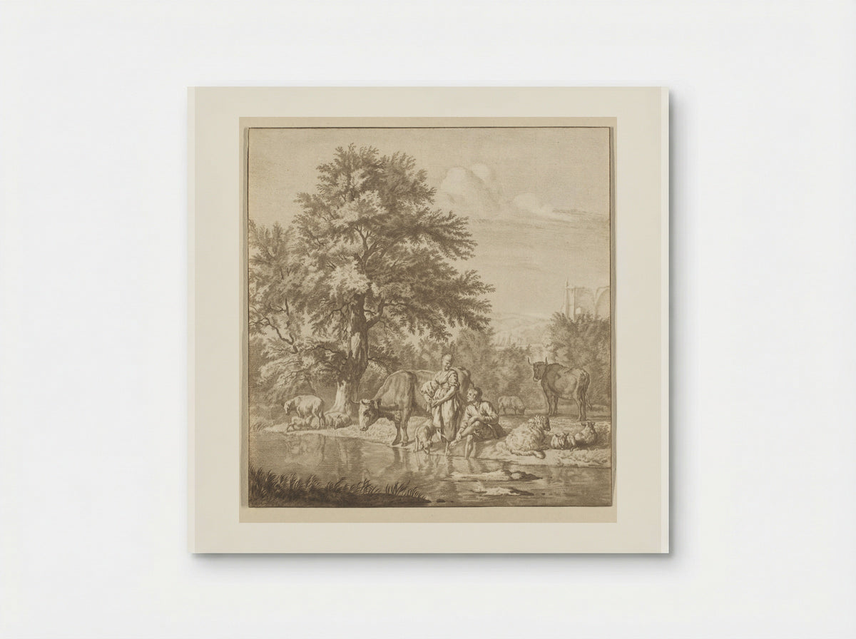 Herder en herderin met kudde bij een rivier - Cornelis Ploos van Amstel - Poster