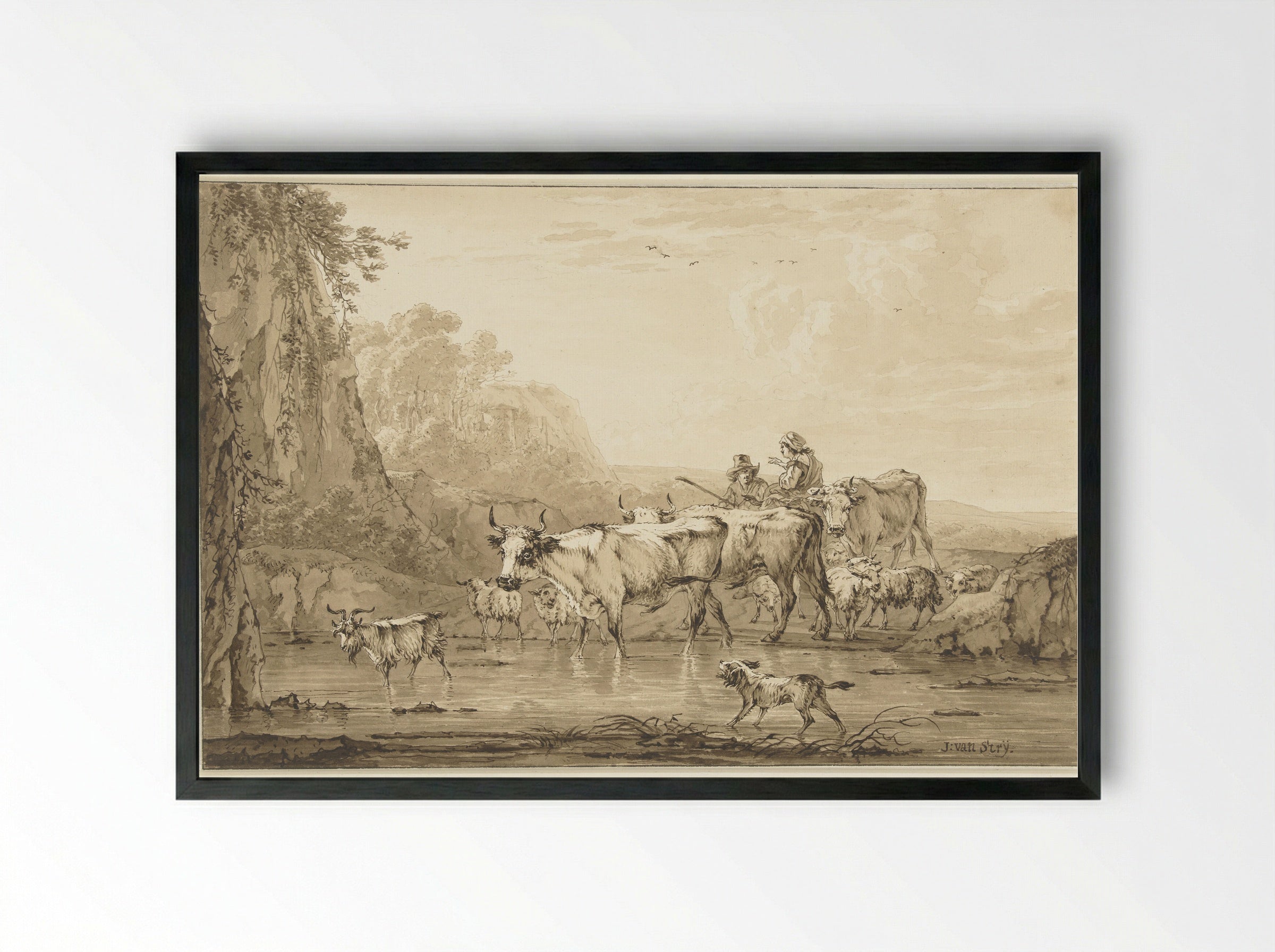 Herder en herderin met runderen en schapen bij een poel - Jacob van Strij - Framed Print Black