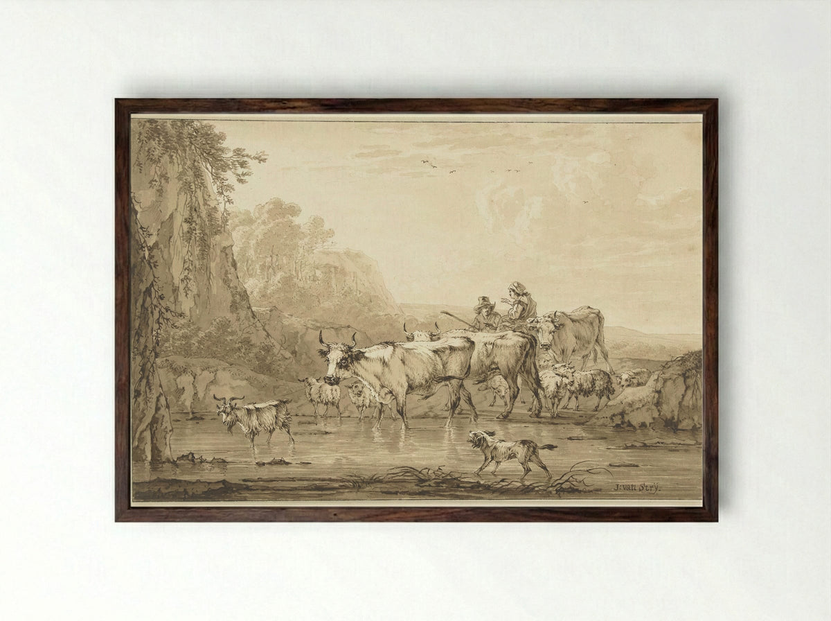 Herder en herderin met runderen en schapen bij een poel - Jacob van Strij - Framed Print Dark Wood