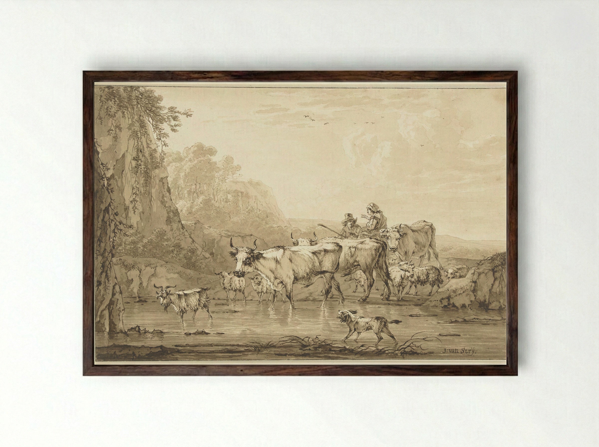 Herder en herderin met runderen en schapen bij een poel - Jacob van Strij - Framed Print Dark Wood
