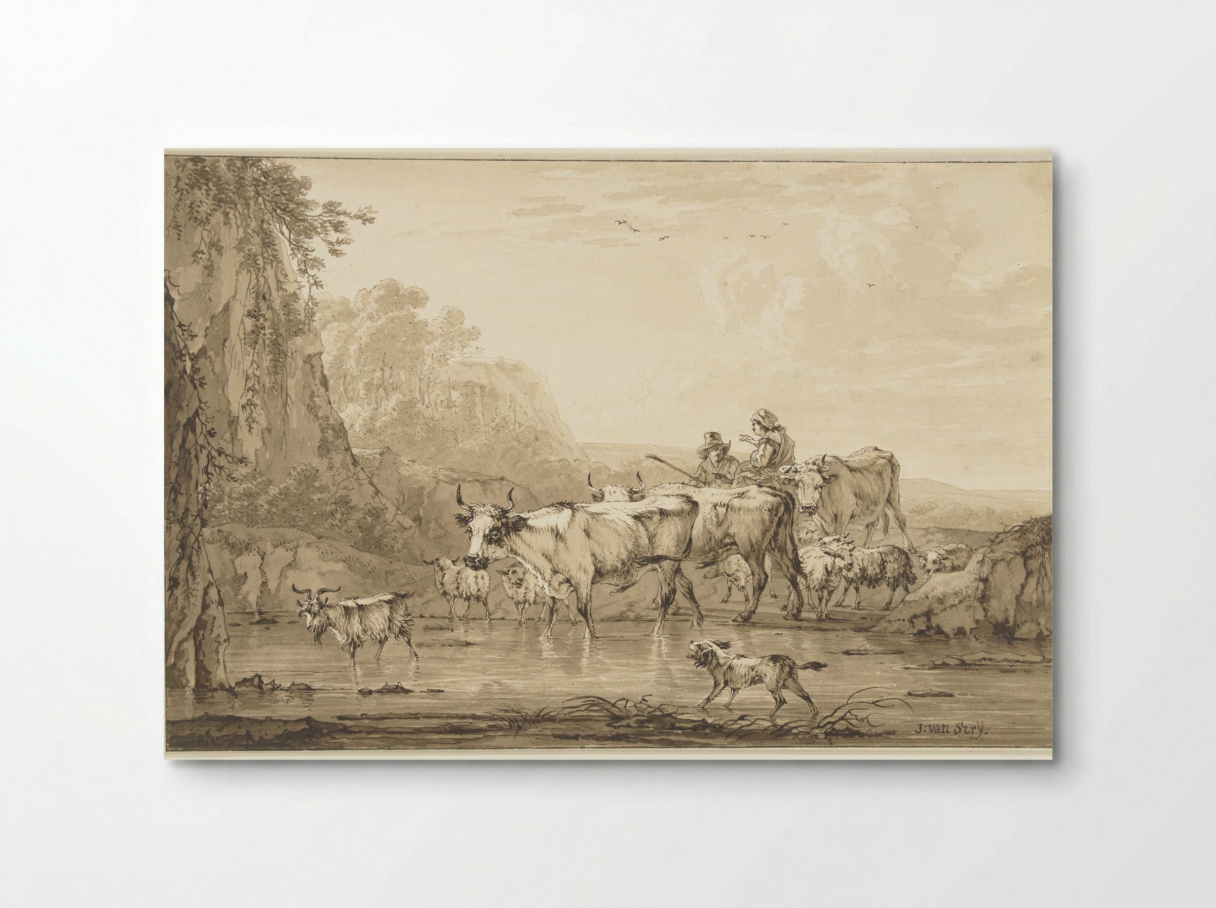 Herder en herderin met runderen en schapen bij een poel - Jacob van Strij - Poster