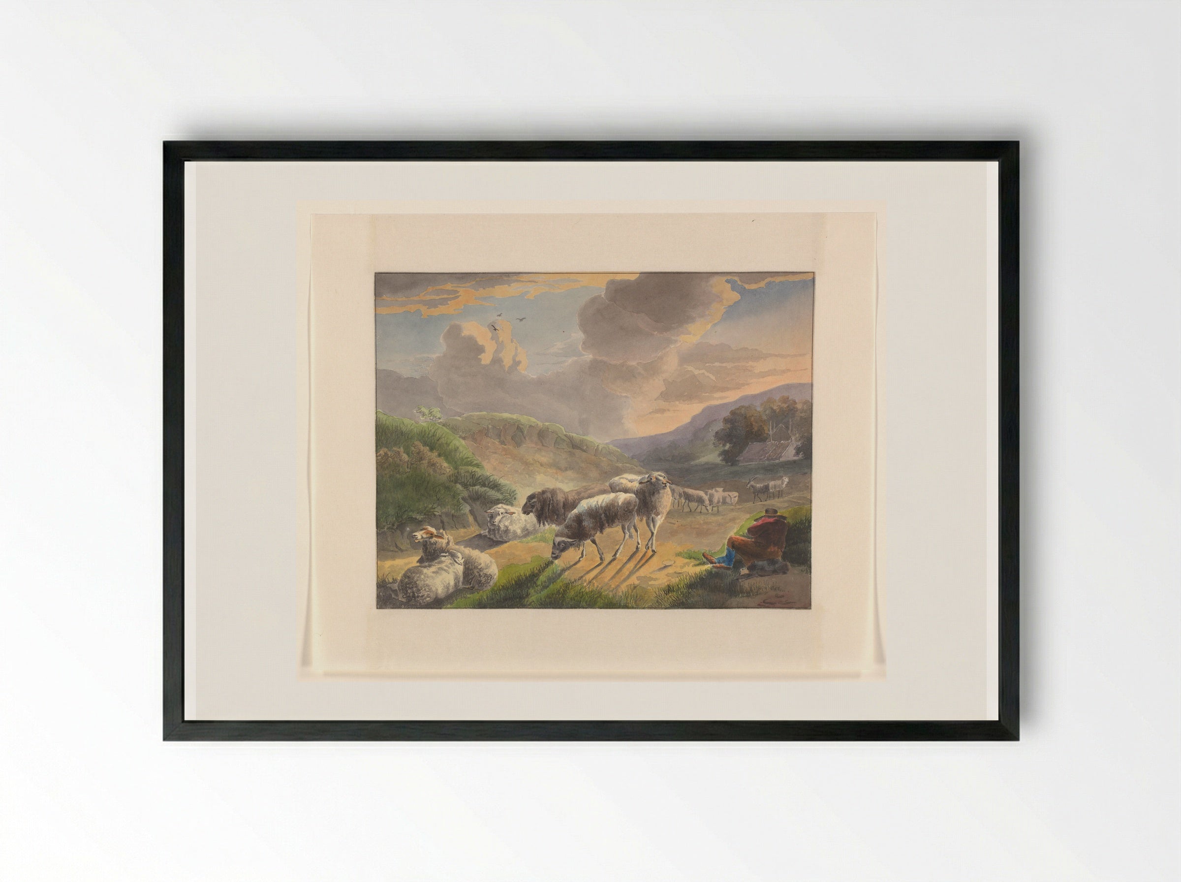 Herder en schapen in een landschap bij zonsondergang - Johannes van Reijn - Framed Print Black