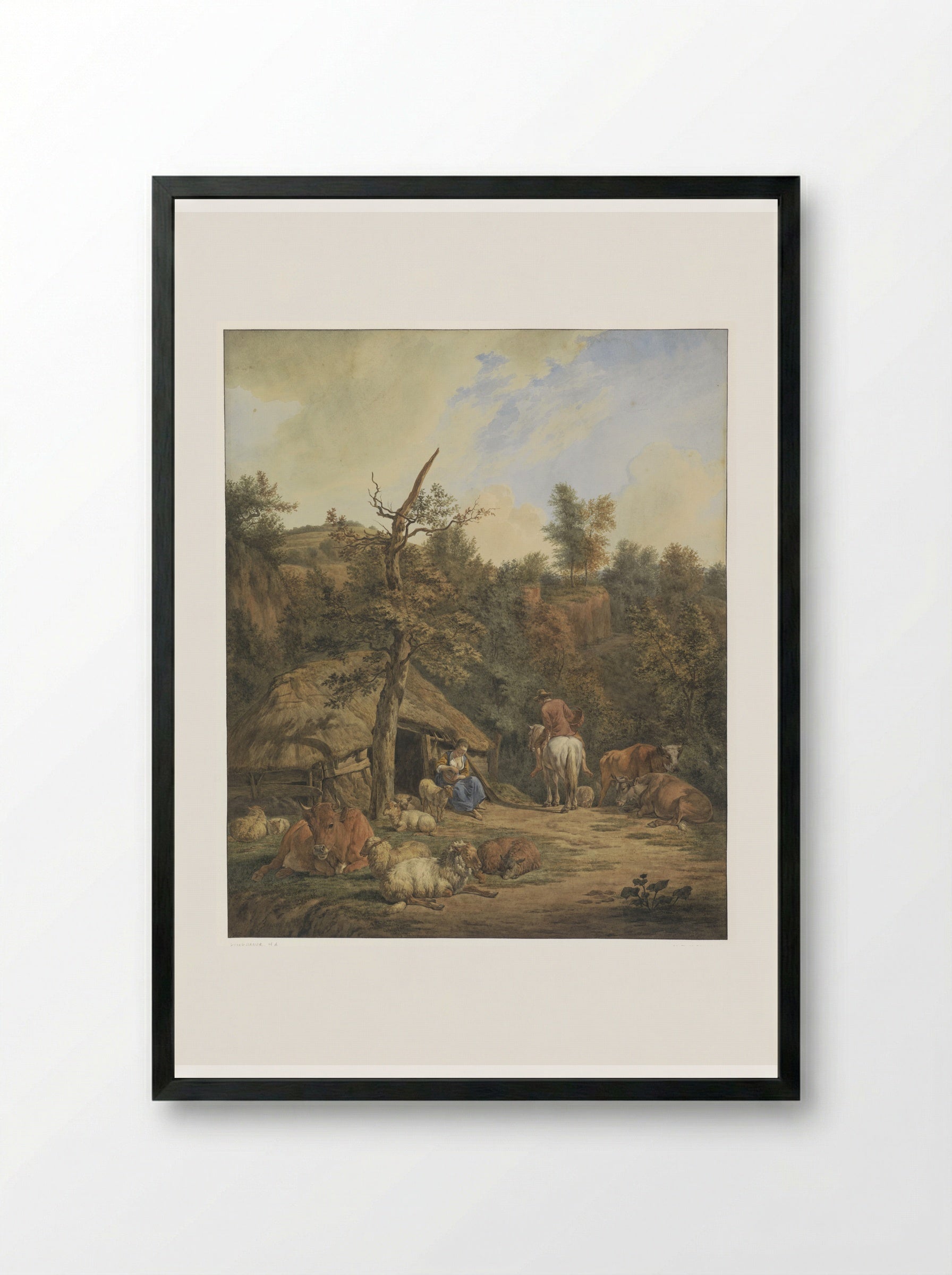 Herder, herderin en vee rustend voor een vervallen stal - Hendrik Abraham Klinkhamer - Framed Print Black
