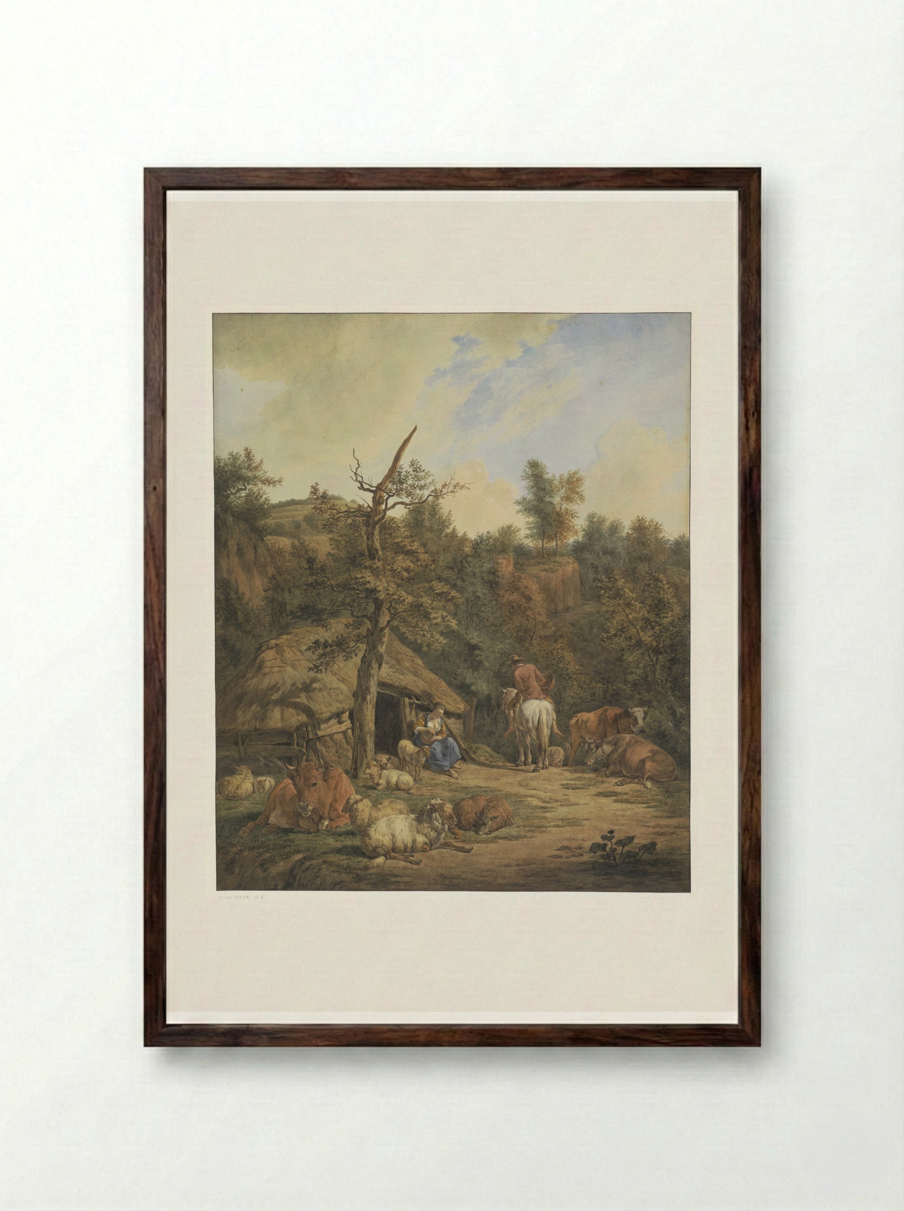 Herder, herderin en vee rustend voor een vervallen stal - Hendrik Abraham Klinkhamer - Framed Print Dark Wood