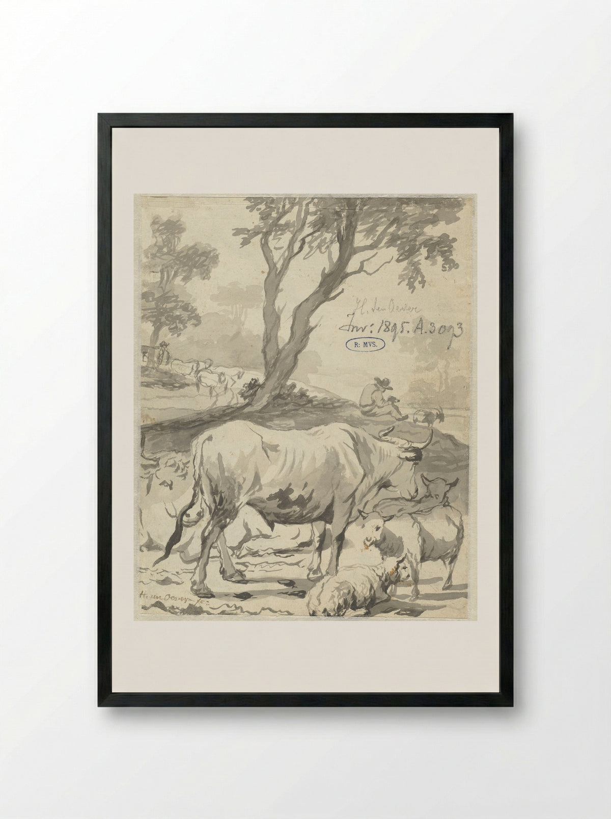 Herder met koeien en schapen onder een boom - Hendrick ten Oever - Framed Print Black