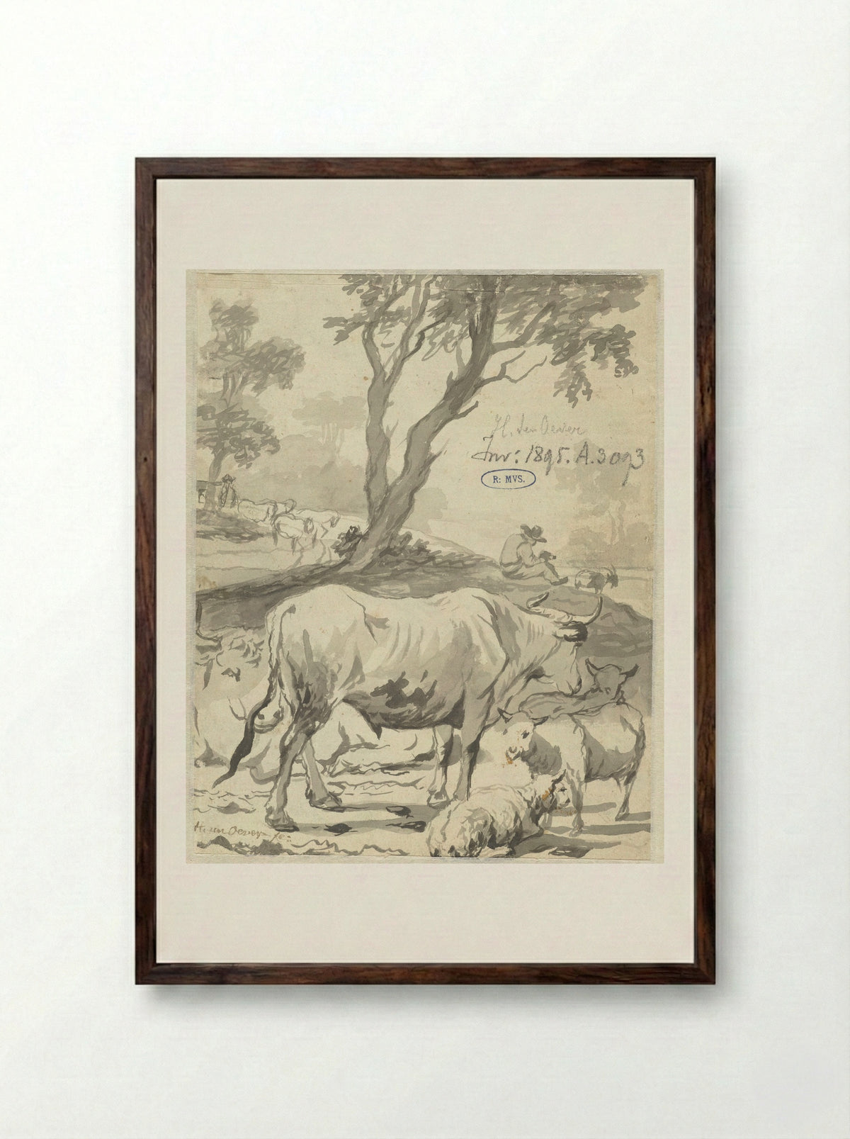 Herder met koeien en schapen onder een boom - Hendrick ten Oever - Framed Print Dark Wood