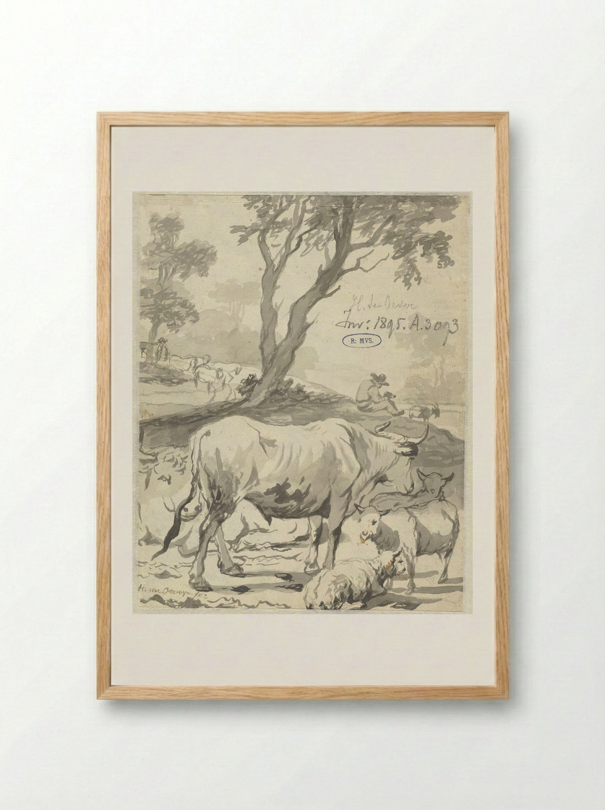 Herder met koeien en schapen onder een boom - Hendrick ten Oever - Framed Print Wood