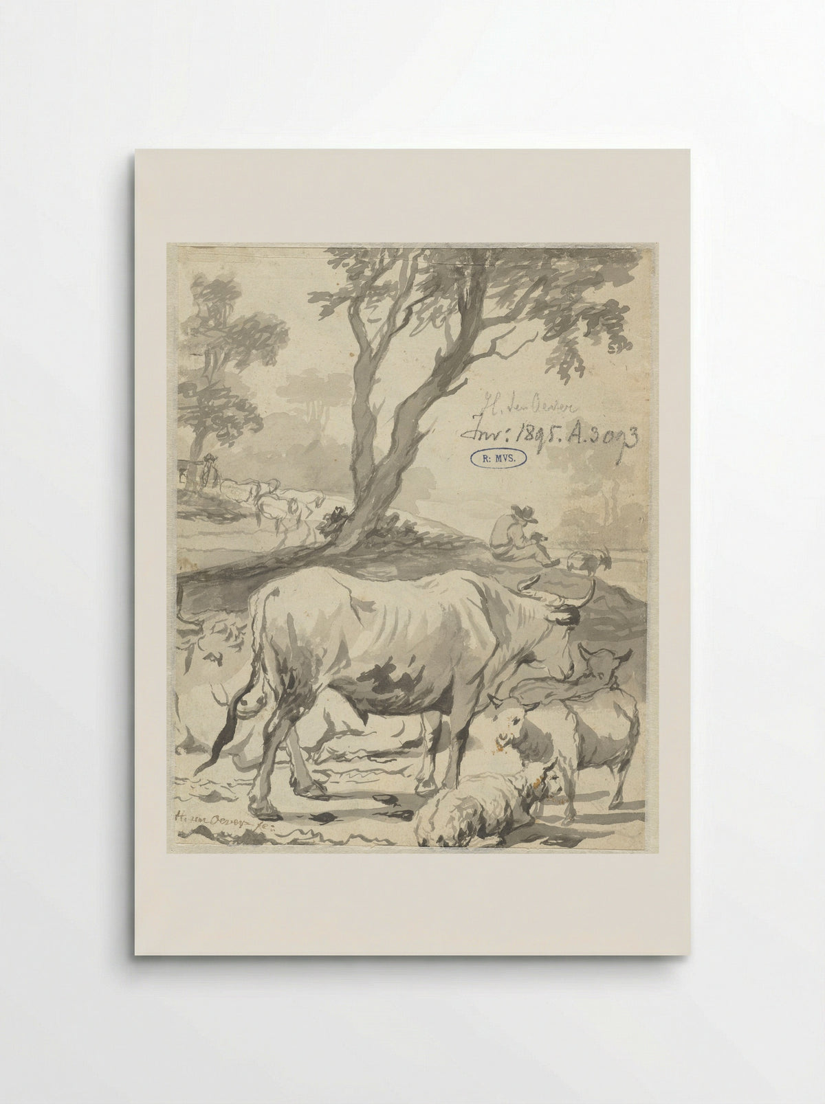 Herder met koeien en schapen onder een boom - Hendrick ten Oever - Poster
