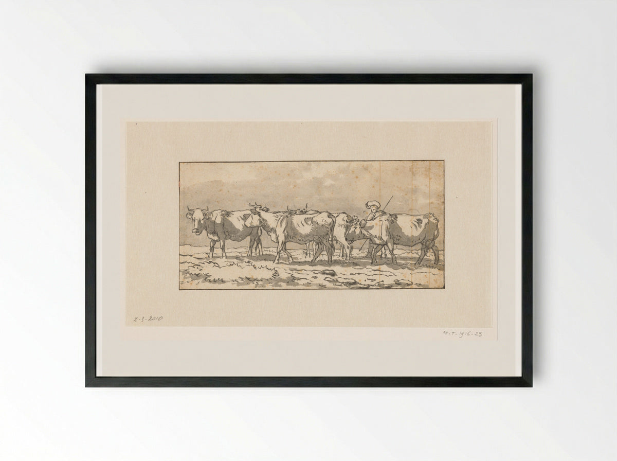 Herder met kudde koeien in de wei - Wouter Johannes van Troostwijk - Framed Print Black