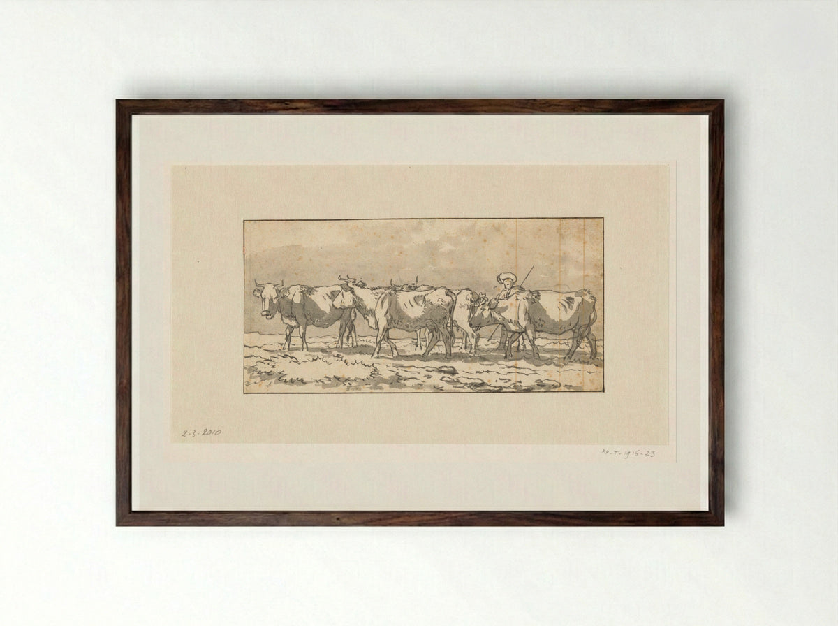 Herder met kudde koeien in de wei - Wouter Johannes van Troostwijk - Framed Print Dark Wood