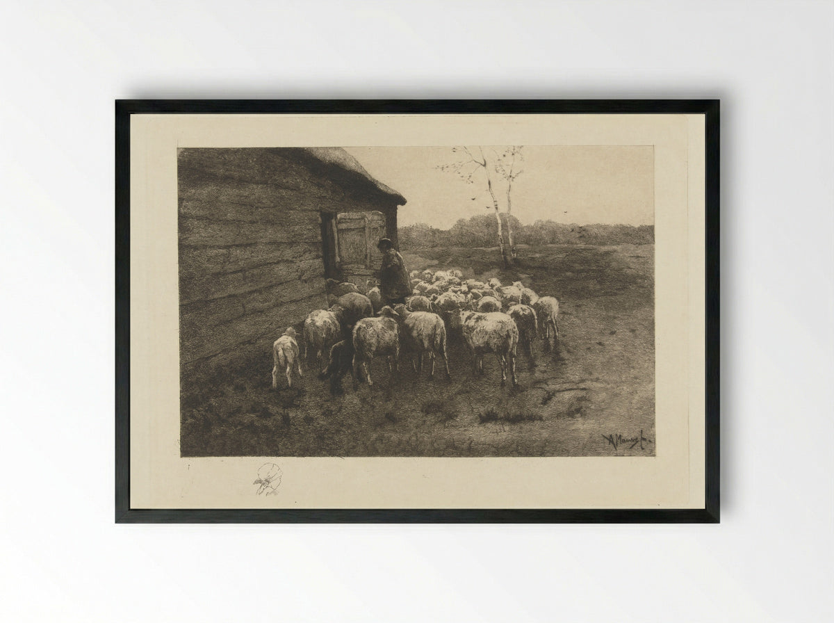 Herder met kudde schapen voor de stal - Petrus Johannes Arendzen - Framed Print Black
