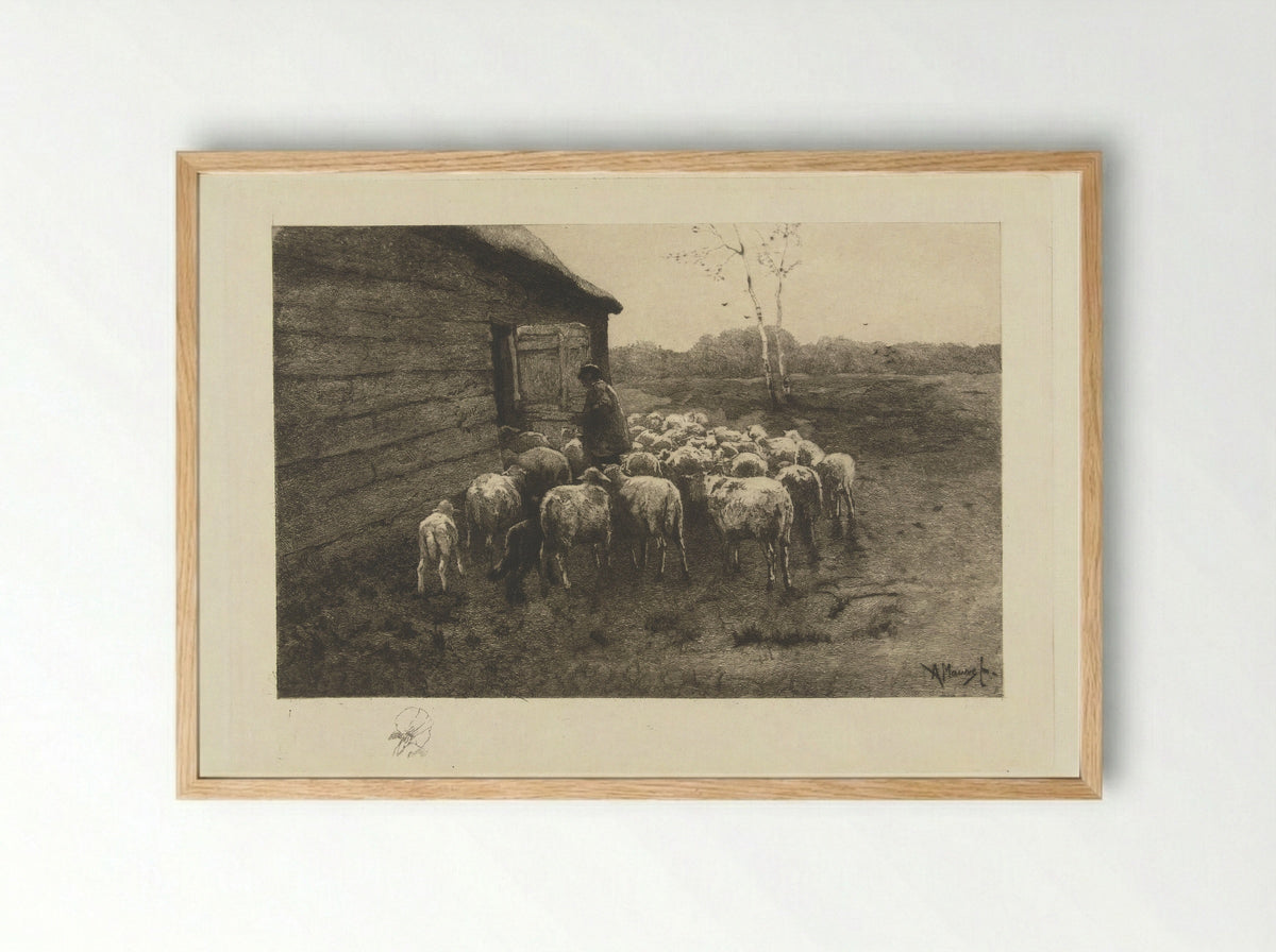 Herder met kudde schapen voor de stal - Petrus Johannes Arendzen - Framed Print Wood