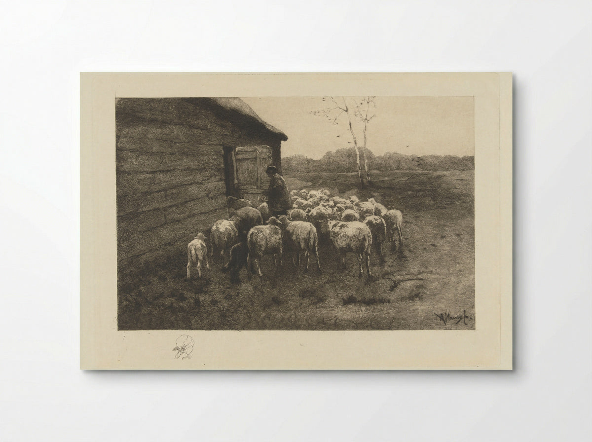 Herder met kudde schapen voor de stal - Petrus Johannes Arendzen - Poster