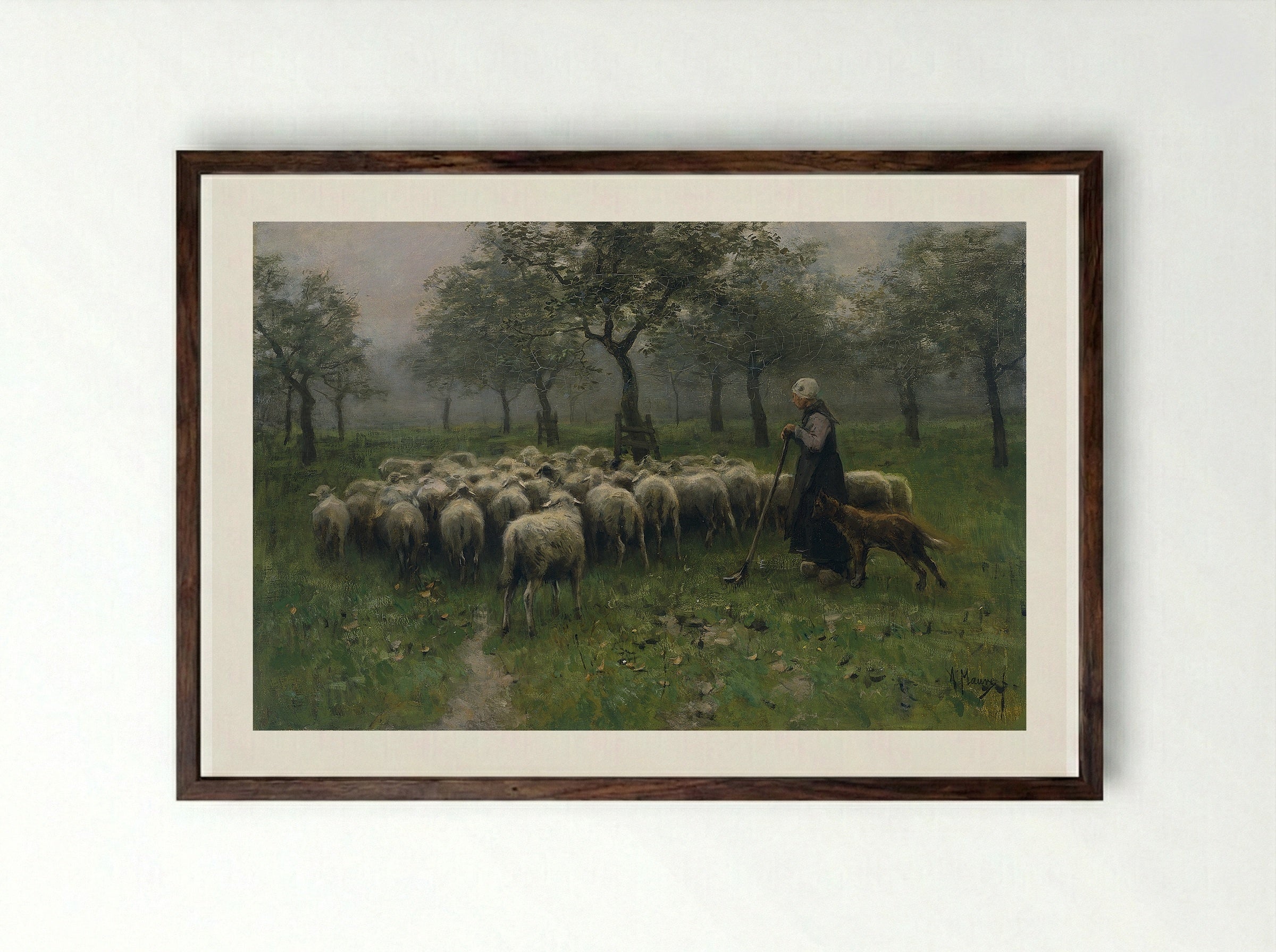 Herder met kudde schapen - Anton Mauve - Framed Print Dark Wood