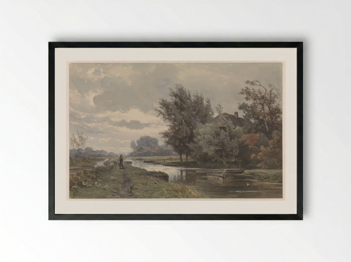 Herder met schapen bij boerderij aan water - Jan Willem van Borselen - Framed Print Black