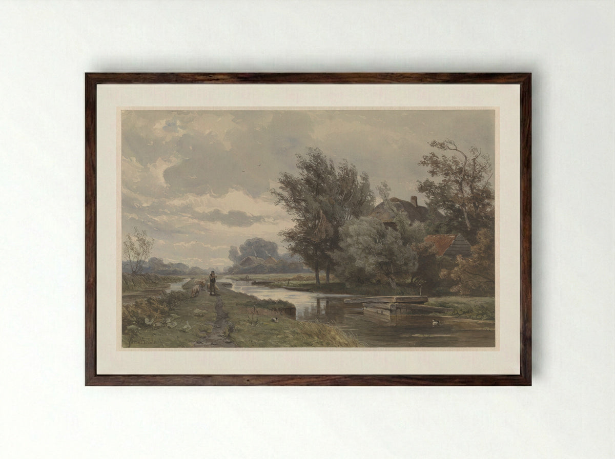 Herder met schapen bij boerderij aan water - Jan Willem van Borselen - Framed Print Dark Wood