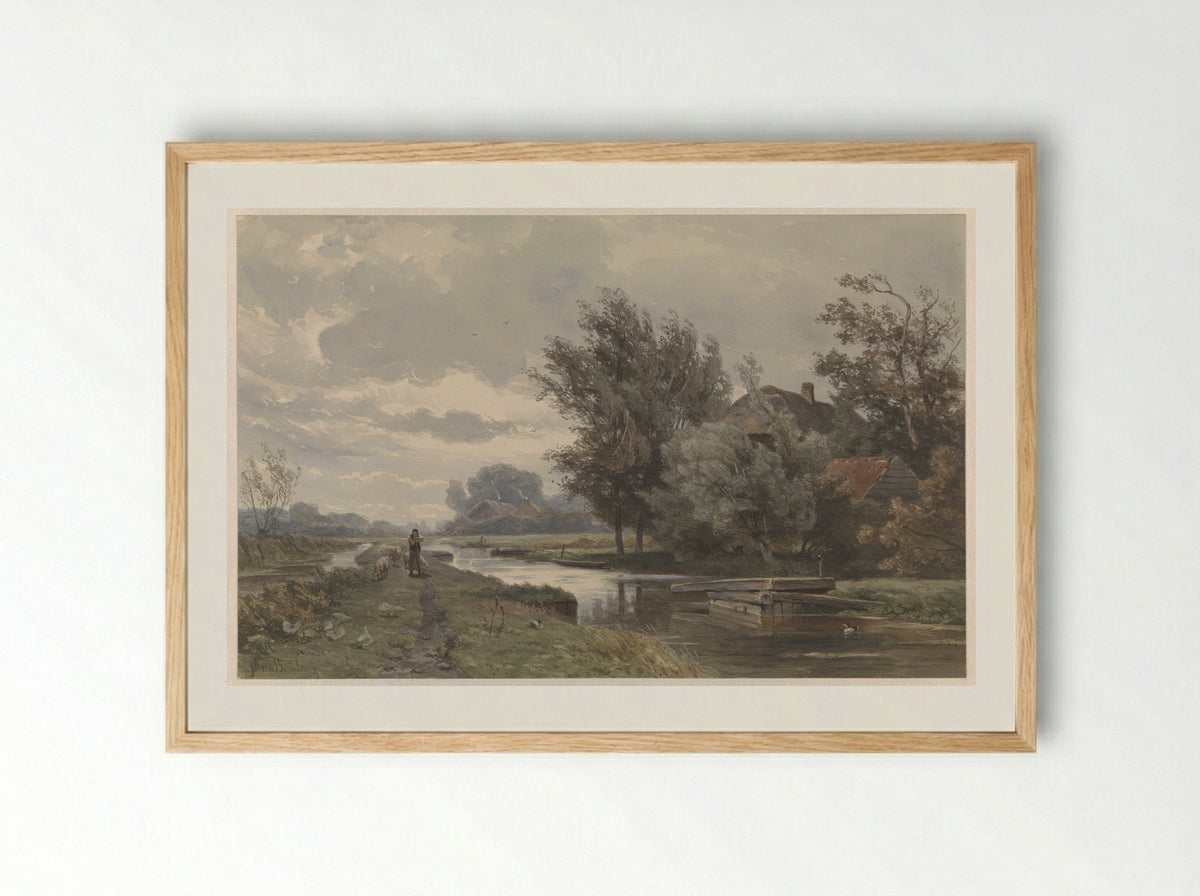 Herder met schapen bij boerderij aan water - Jan Willem van Borselen - Framed Print Wood