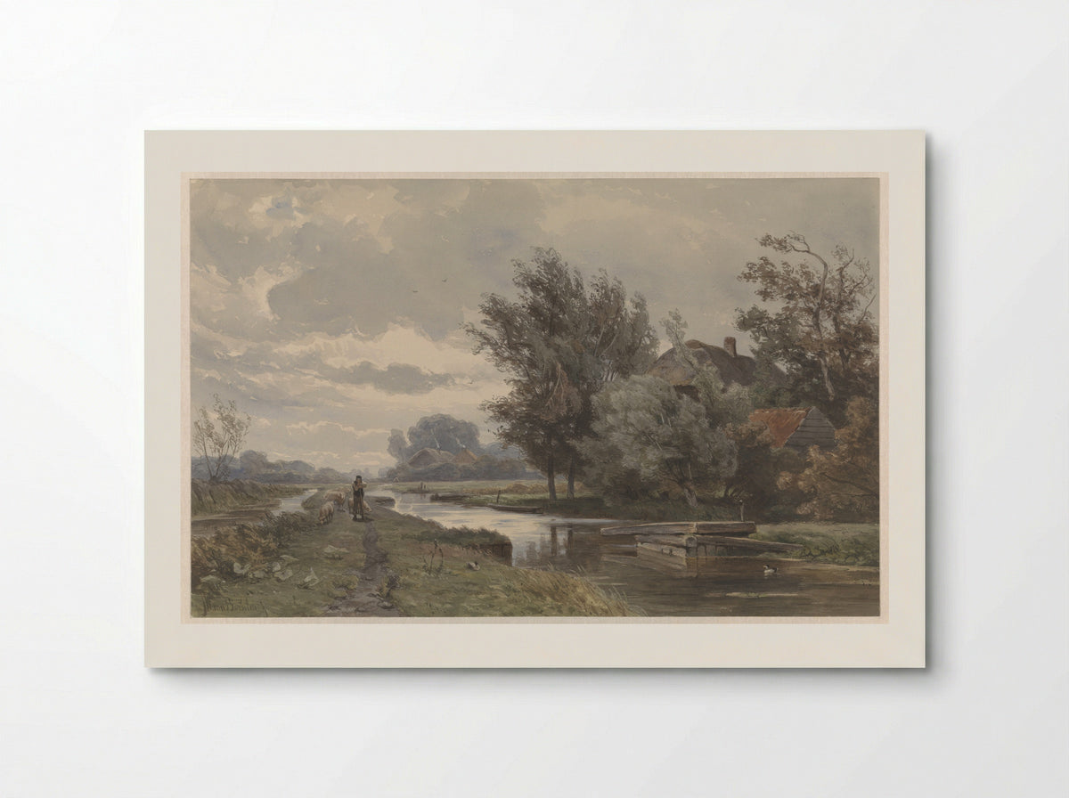 Herder met schapen bij boerderij aan water - Jan Willem van Borselen - Poster