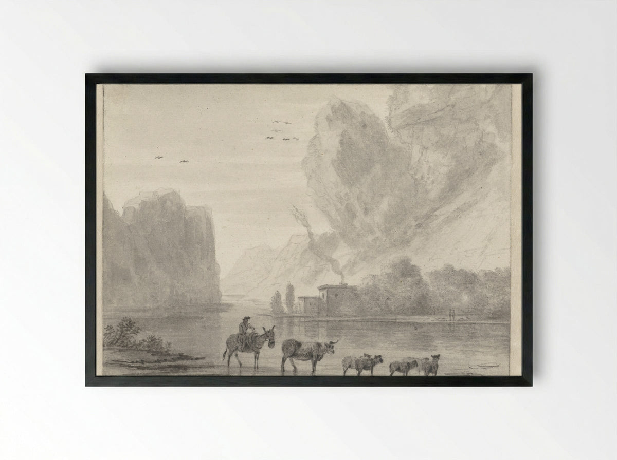 Herder met vee aan de oever van een rivier - Hendrik van der Straaten - Framed Print Black