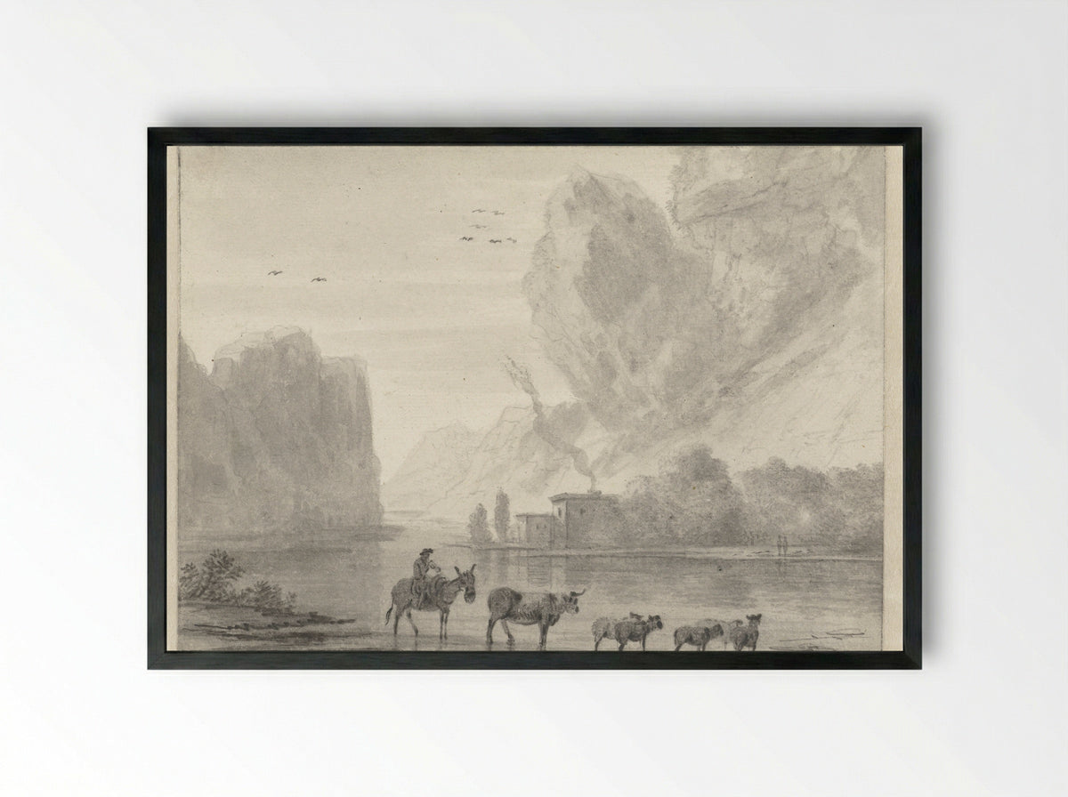 Herder met vee aan de oever van een rivier - Hendrik van der Straaten - Framed Print Black