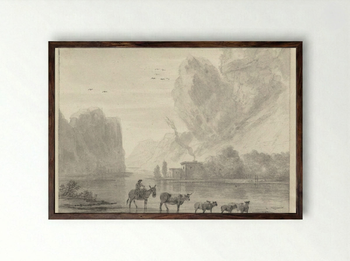 Herder met vee aan de oever van een rivier - Hendrik van der Straaten - Framed Print Dark Wood