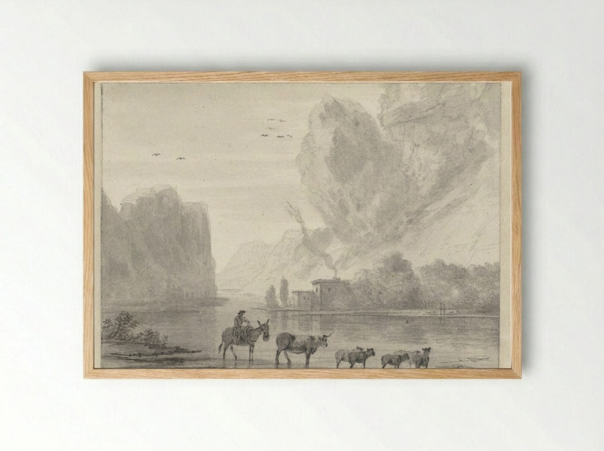 Herder met vee aan de oever van een rivier - Hendrik van der Straaten - Framed Print Wood
