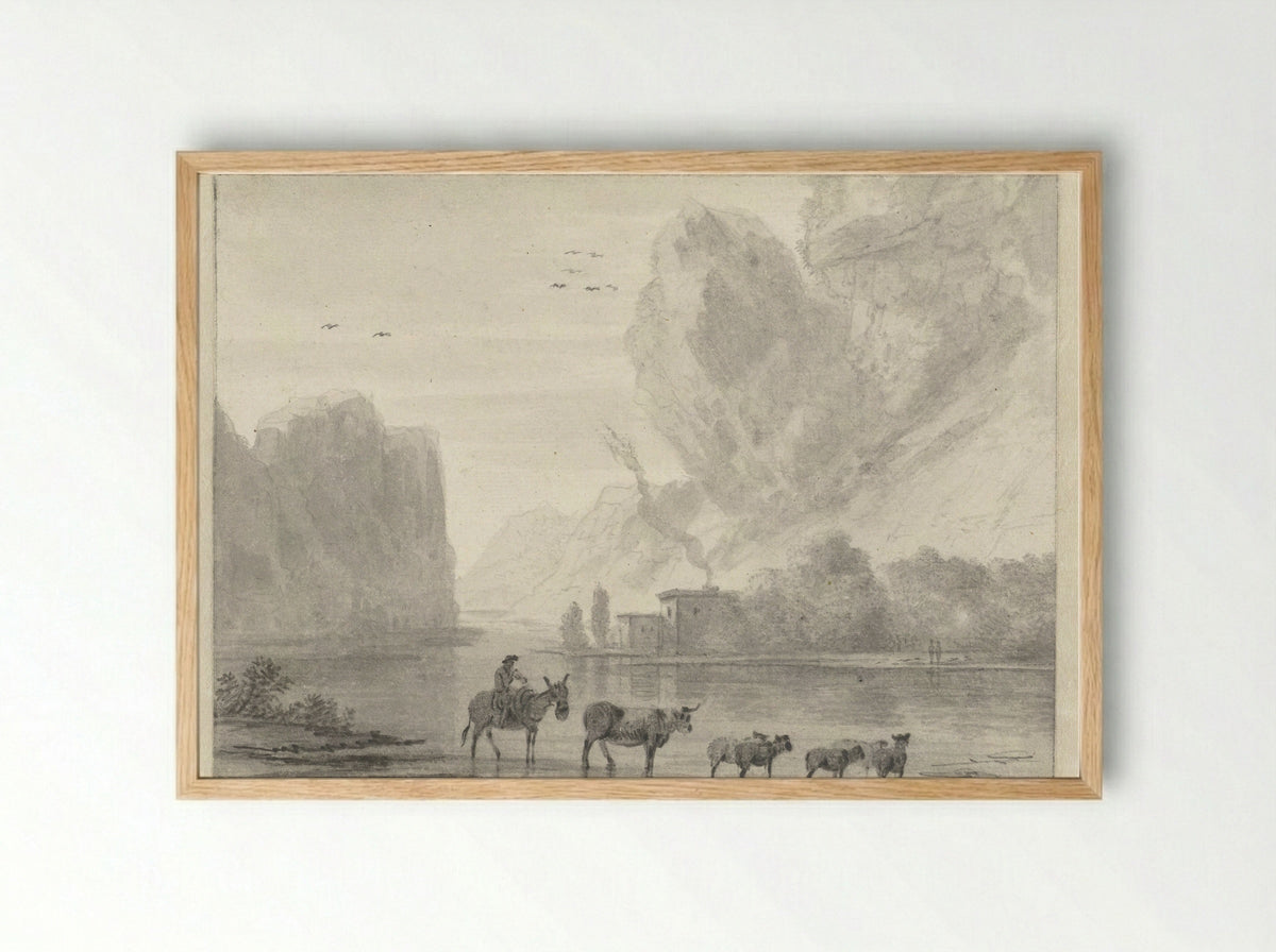 Herder met vee aan de oever van een rivier - Hendrik van der Straaten - Framed Print Wood