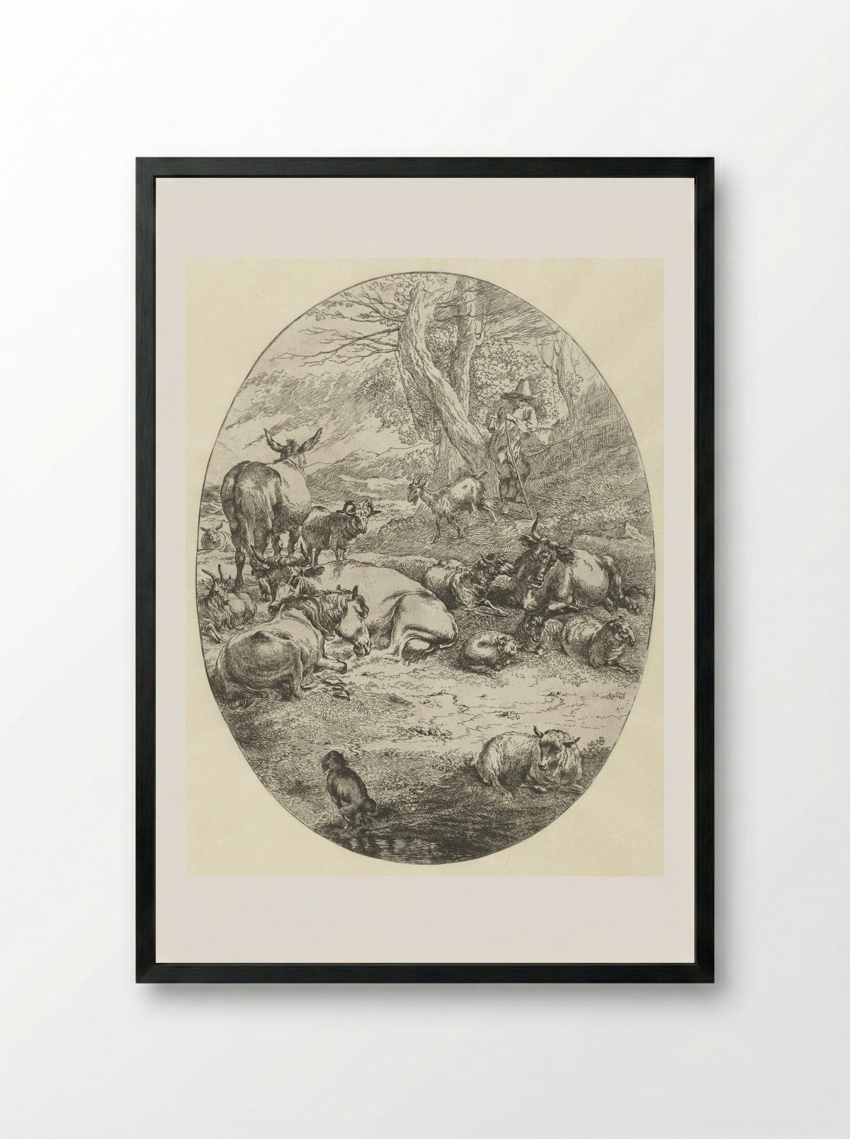 Herder met vee rust bij twee bomen - Abraham Jansz Begeyn - Framed Print Black