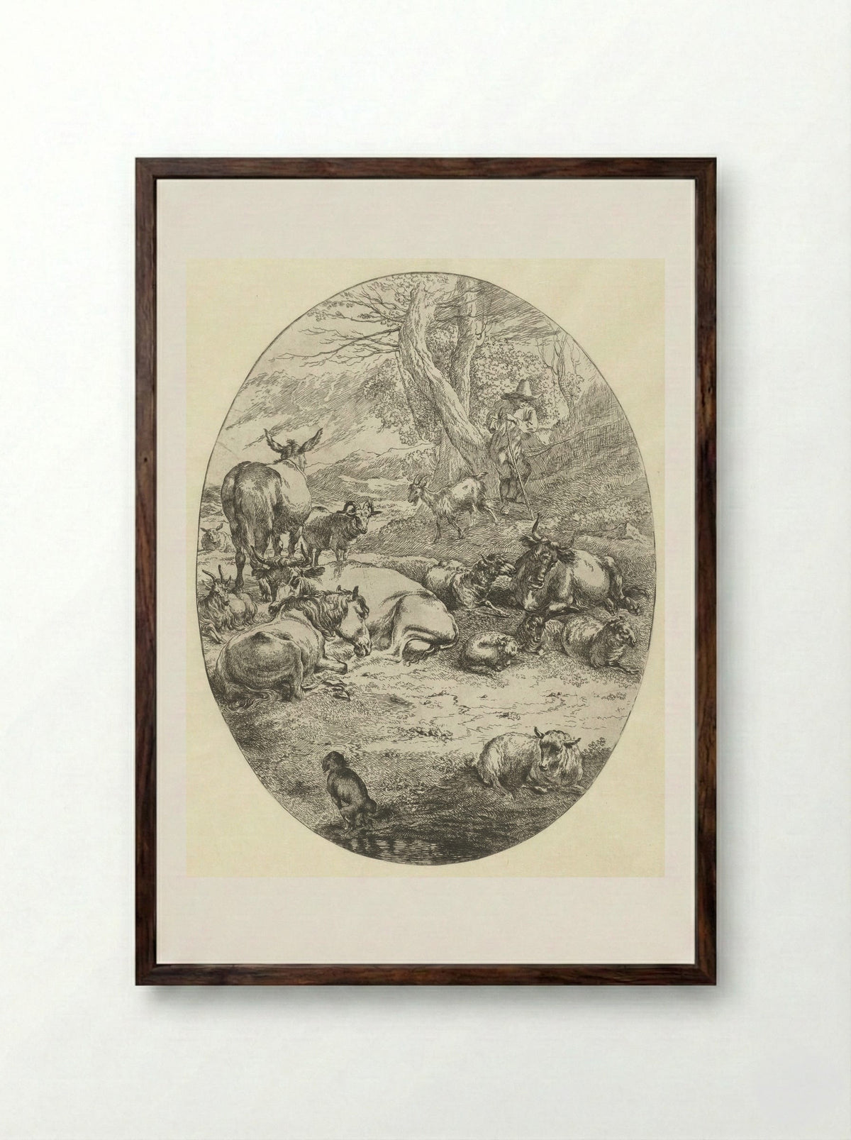 Herder met vee rust bij twee bomen - Abraham Jansz Begeyn - Framed Print Dark Wood