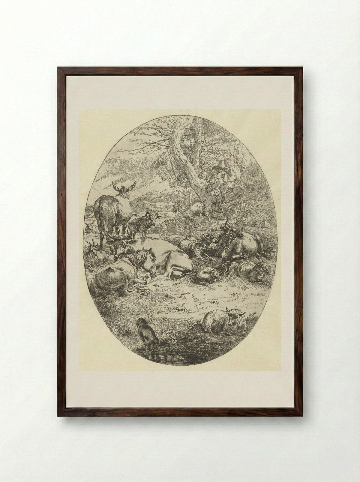 Herder met vee rust bij twee bomen - Abraham Jansz Begeyn - Framed Print Dark Wood