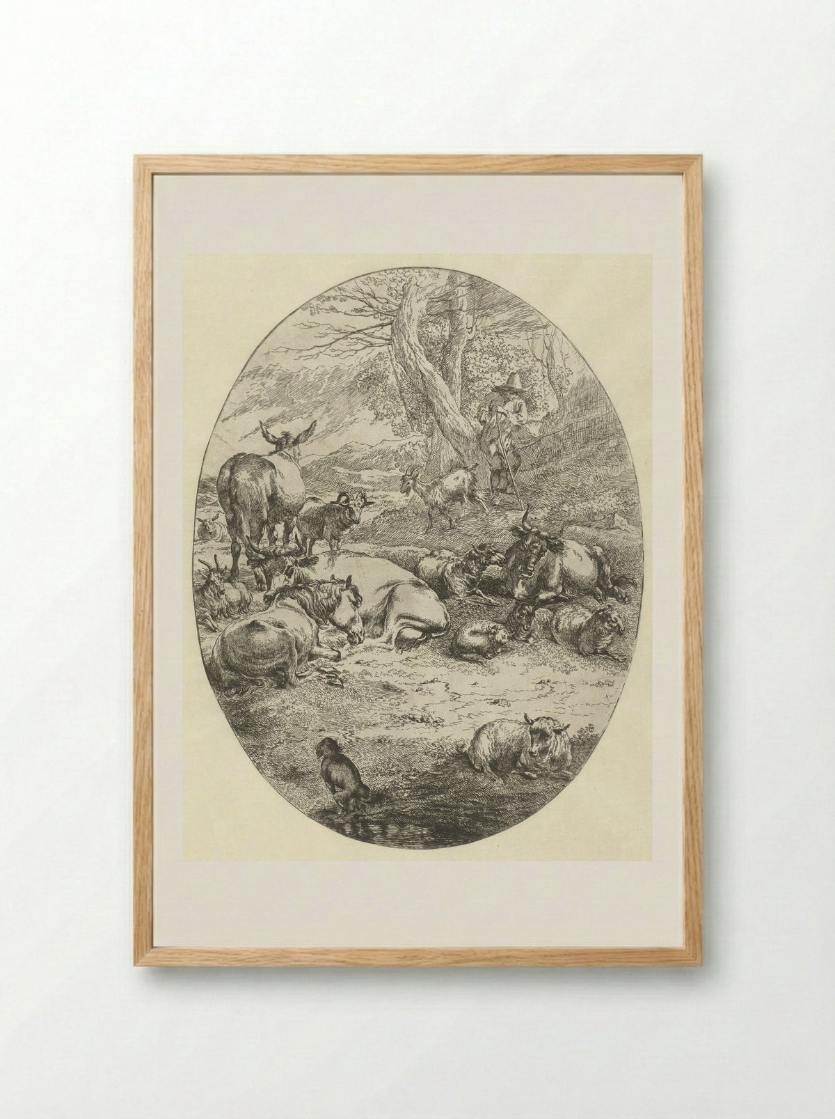 Herder met vee rust bij twee bomen - Abraham Jansz Begeyn - Framed Print Wood
