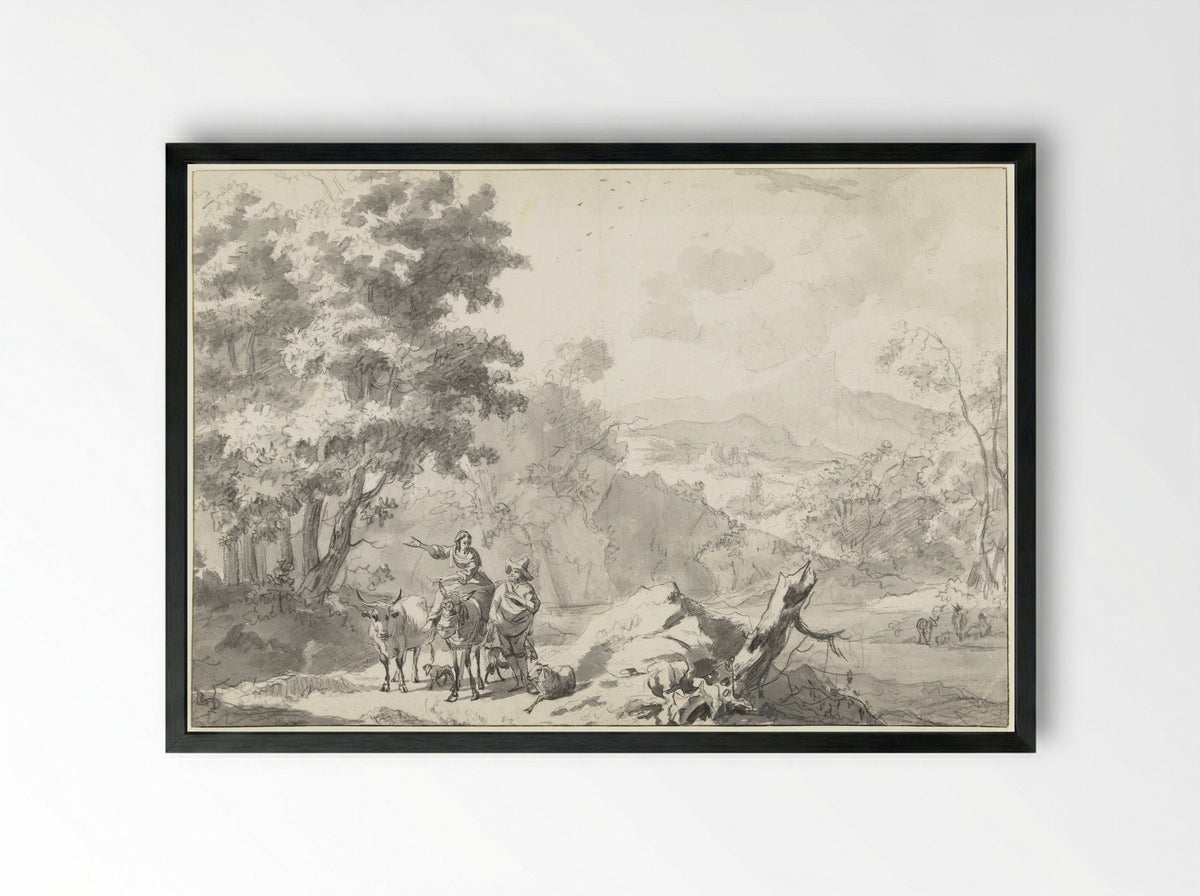 Herders en vee in een zuidelijk landschap - Abraham Jansz Begeyn - Framed Print Black