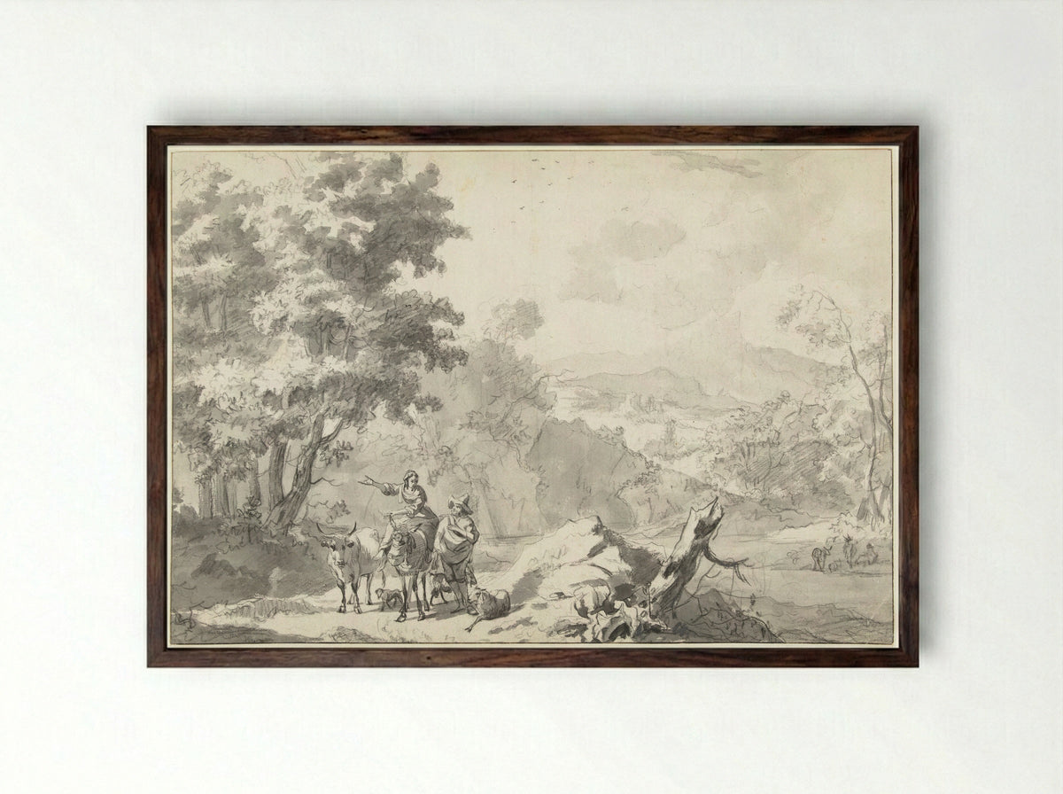 Herders en vee in een zuidelijk landschap - Abraham Jansz Begeyn - Framed Print Dark Wood